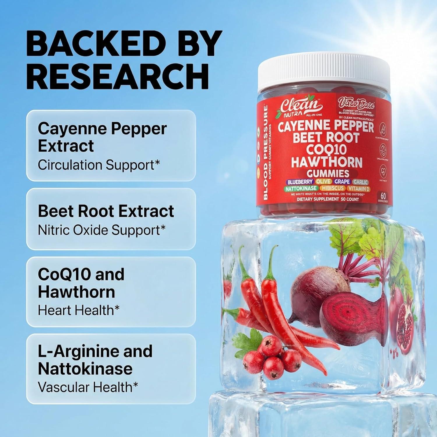 image:imageClean Nutra Cayenne Pepper Beet Root Gummies Beetroot Garlic CoQ10 Hawthorn Berry Grape Seed Extract Olive Leaf Nattokinase Hibiscus Vitamin D Nitric Oxide VasoEase