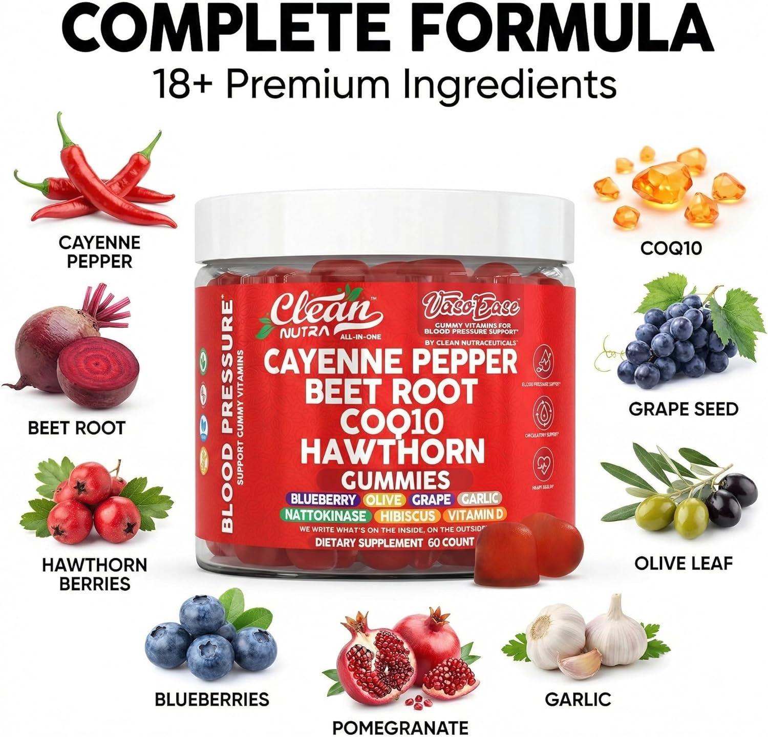image:imageClean Nutra Cayenne Pepper Beet Root Gummies Beetroot Garlic CoQ10 Hawthorn Berry Grape Seed Extract Olive Leaf Nattokinase Hibiscus Vitamin D Nitric Oxide VasoEase