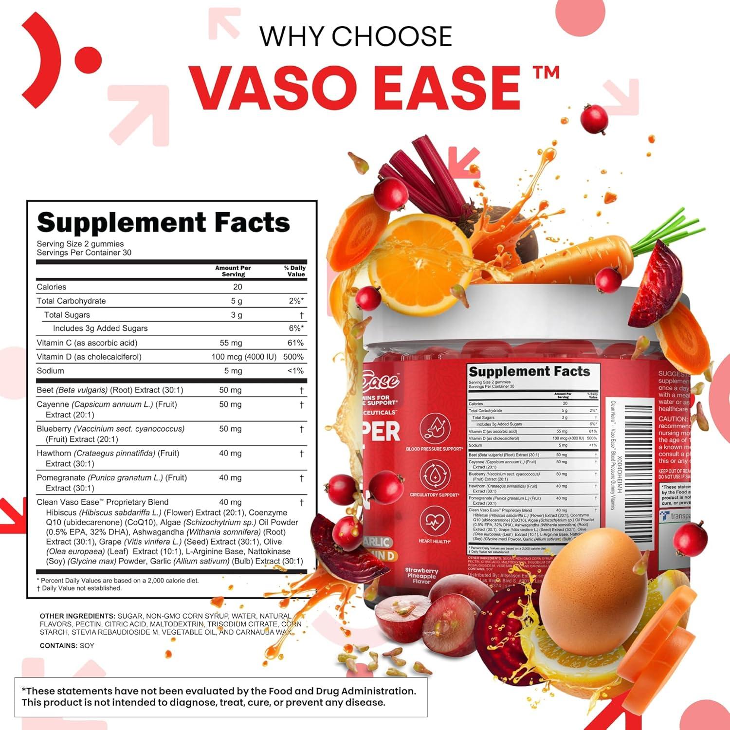 image:imageClean Nutra Cayenne Pepper Beet Root Gummies Beetroot Garlic CoQ10 Hawthorn Berry Grape Seed Extract Olive Leaf Nattokinase Hibiscus Vitamin D Nitric Oxide VasoEase
