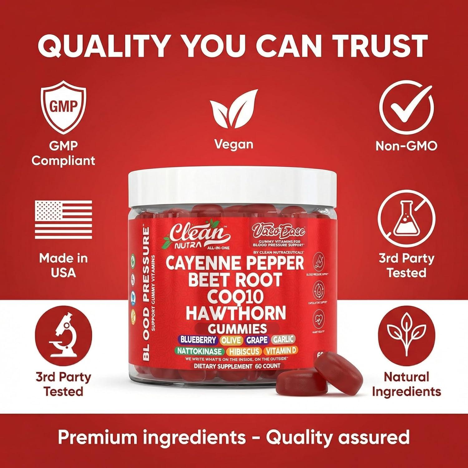 image:imageClean Nutra Cayenne Pepper Beet Root Gummies Beetroot Garlic CoQ10 Hawthorn Berry Grape Seed Extract Olive Leaf Nattokinase Hibiscus Vitamin D Nitric Oxide VasoEase