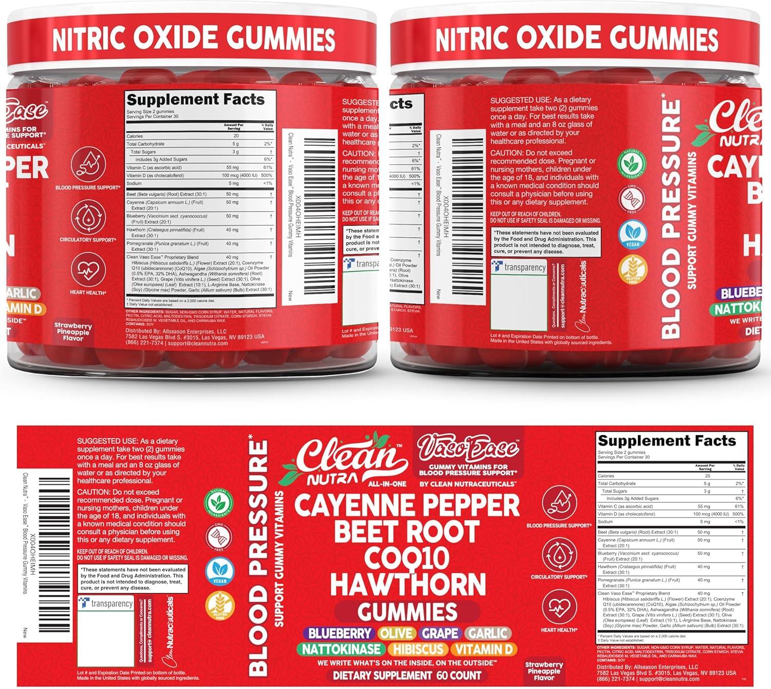 image:imageClean Nutra Cayenne Pepper Beet Root Gummies Beetroot Garlic CoQ10 Hawthorn Berry Grape Seed Extract Olive Leaf Nattokinase Hibiscus Vitamin D Nitric Oxide VasoEase