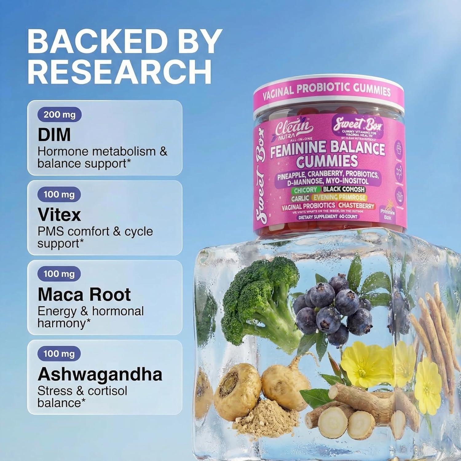 image:imageClean Nutra Feminine Balance Gummies for Women Pineapple VaginalProbiotics pH Balance Cranberry D Mannose Supplement Inositol Black Cohosh Evening Primrose Garlic Vitex GLA Prebiotics Folate 60ct