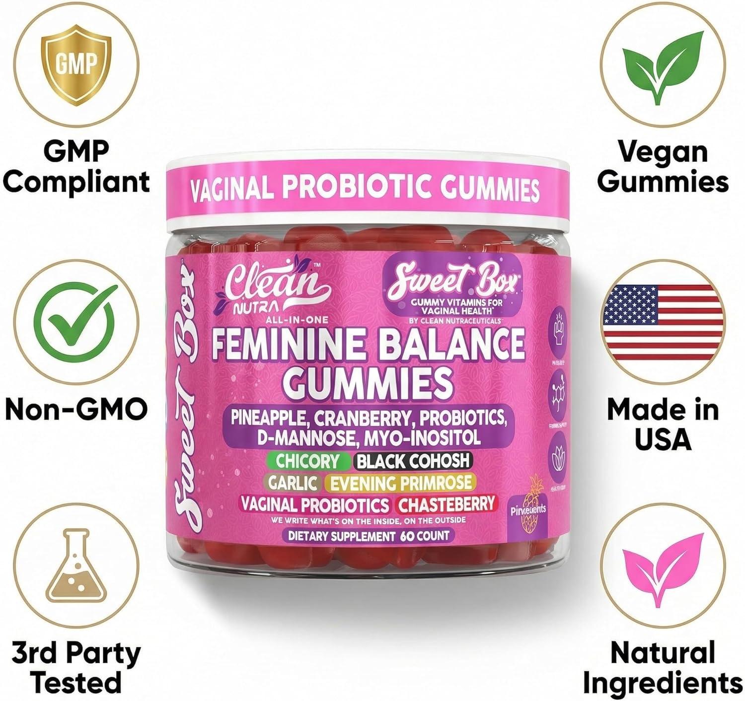 image:imageClean Nutra Feminine Balance Gummies for Women Pineapple VaginalProbiotics pH Balance Cranberry D Mannose Supplement Inositol Black Cohosh Evening Primrose Garlic Vitex GLA Prebiotics Folate 60ct
