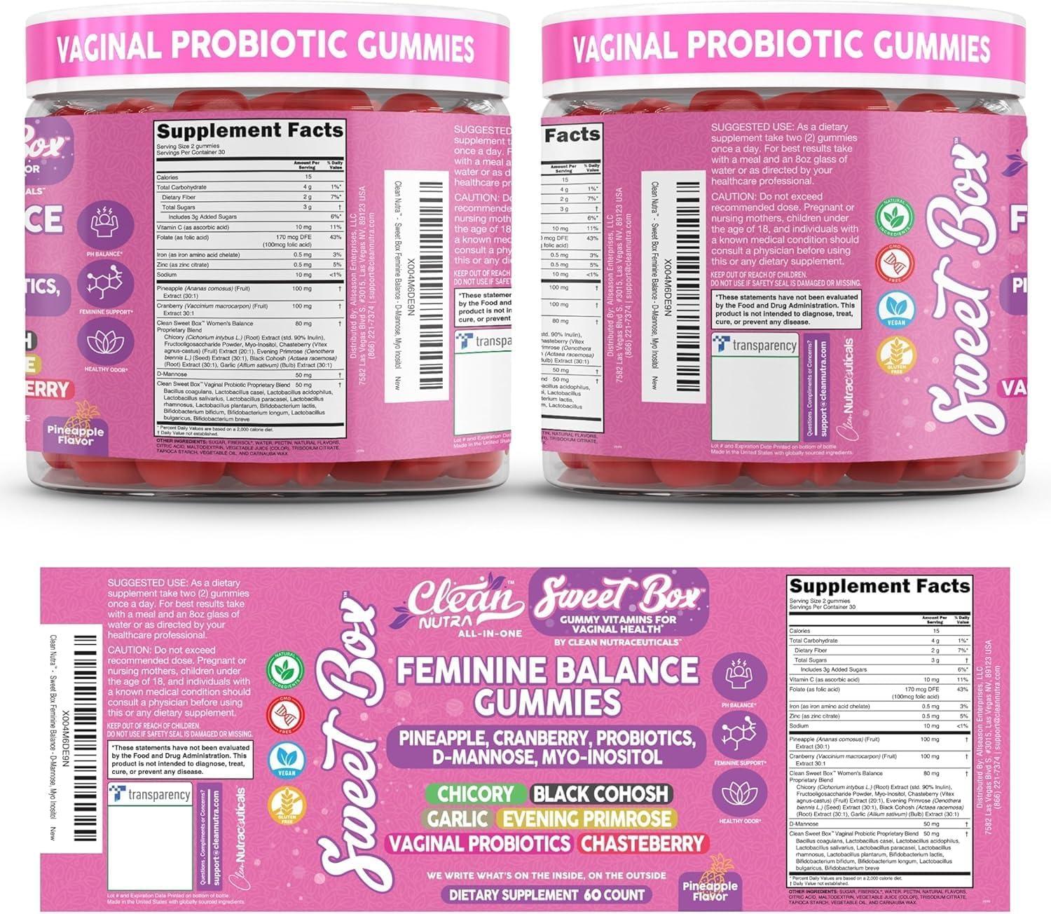 image:imageClean Nutra Feminine Balance Gummies for Women Pineapple VaginalProbiotics pH Balance Cranberry D Mannose Supplement Inositol Black Cohosh Evening Primrose Garlic Vitex GLA Prebiotics Folate 60ct