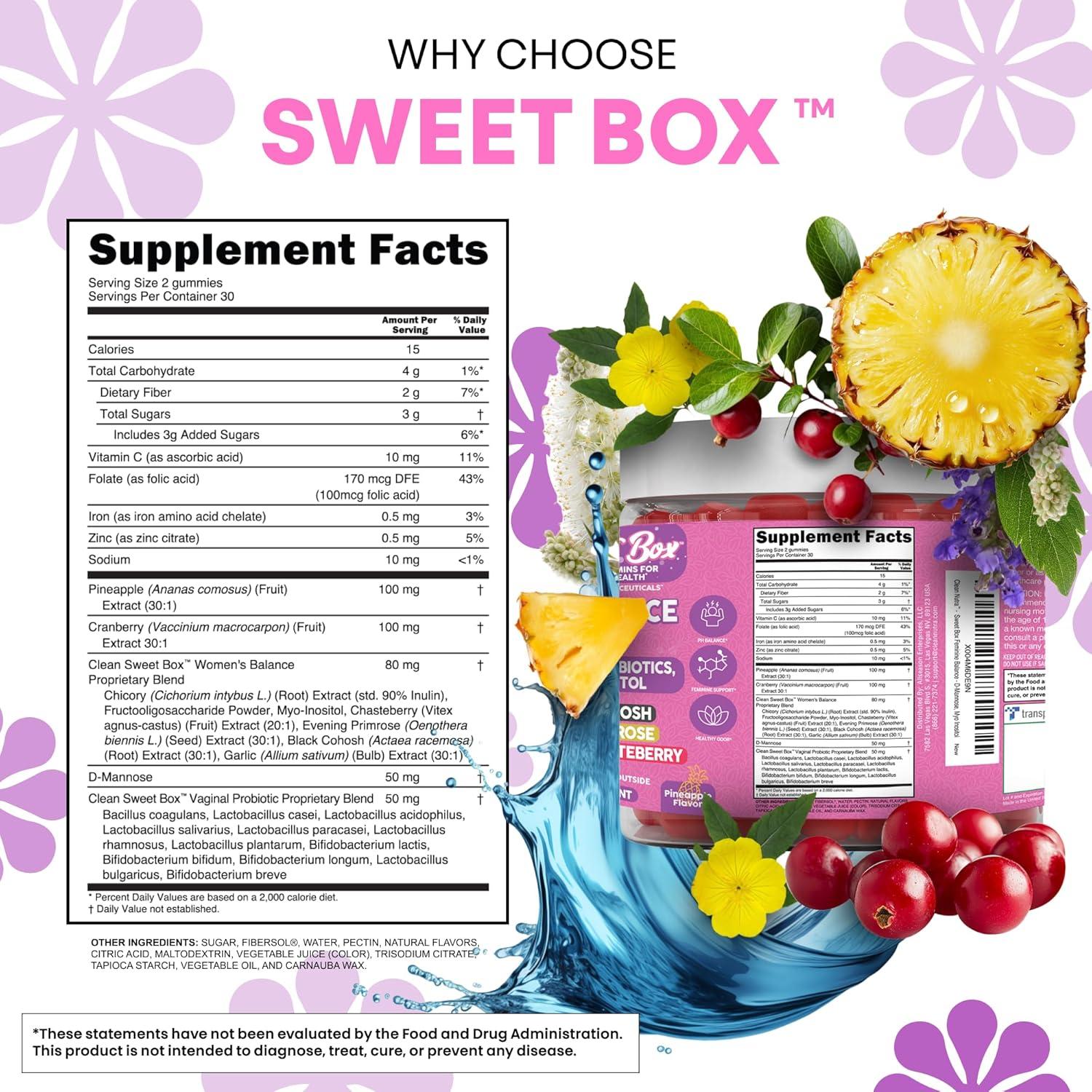 image:imageClean Nutra Feminine Balance Gummies for Women Pineapple VaginalProbiotics pH Balance Cranberry D Mannose Supplement Inositol Black Cohosh Evening Primrose Garlic Vitex GLA Prebiotics Folate 60ct