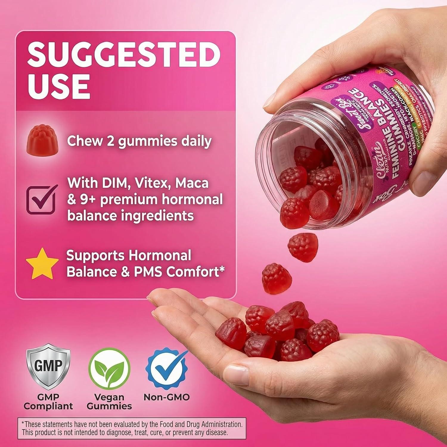 image:imageClean Nutra Feminine Balance Gummies for Women Pineapple VaginalProbiotics pH Balance Cranberry D Mannose Supplement Inositol Black Cohosh Evening Primrose Garlic Vitex GLA Prebiotics Folate 60ct