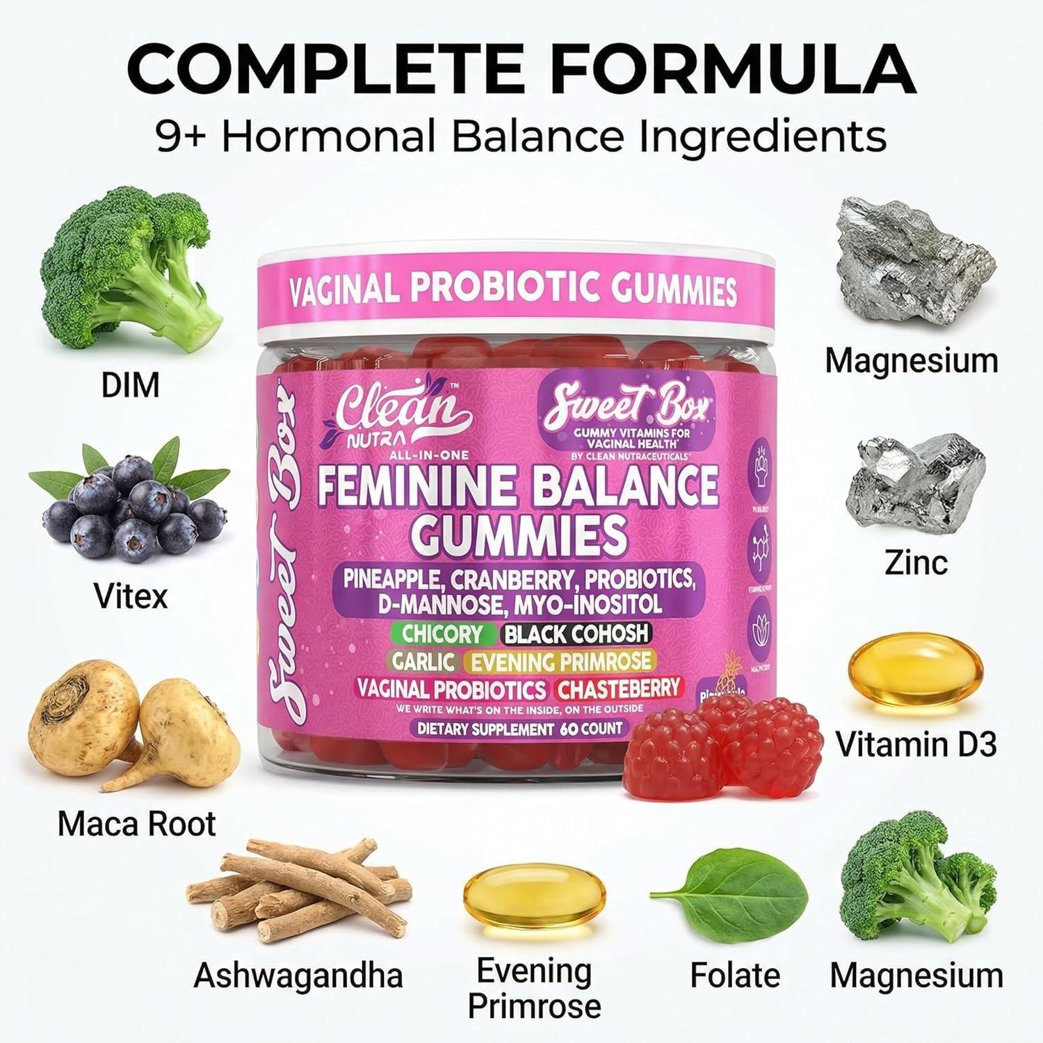 image:imageClean Nutra Feminine Balance Gummies for Women Pineapple VaginalProbiotics pH Balance Cranberry D Mannose Supplement Inositol Black Cohosh Evening Primrose Garlic Vitex GLA Prebiotics Folate 60ct