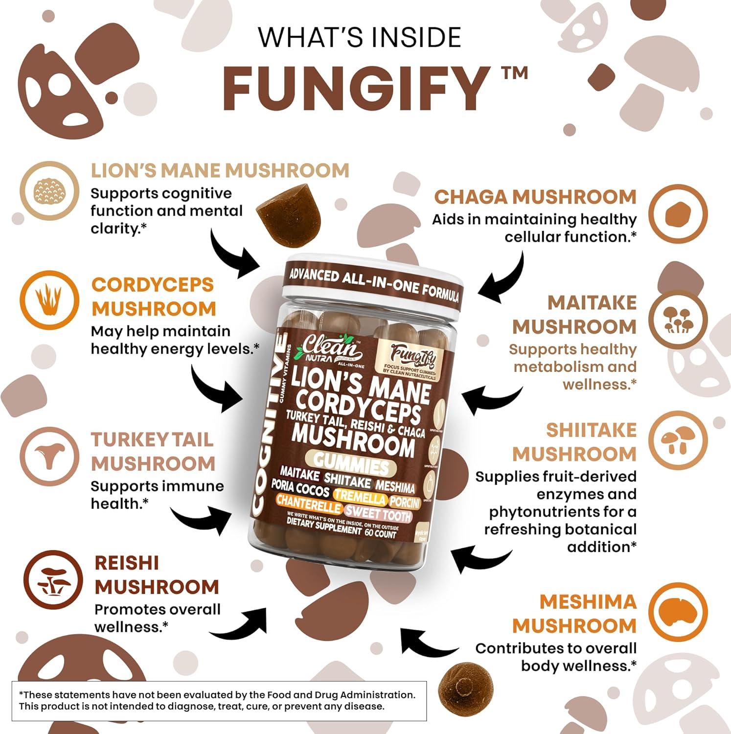 image:imageClean Nutra Lions Mane Mushroom Gummies Cordyceps Supplement for Memory and Focus Immune Support Vitamins Reishi Chaga Turkey Tail Mushrooms Gummy Shiitake Maitake Meshima Supplements