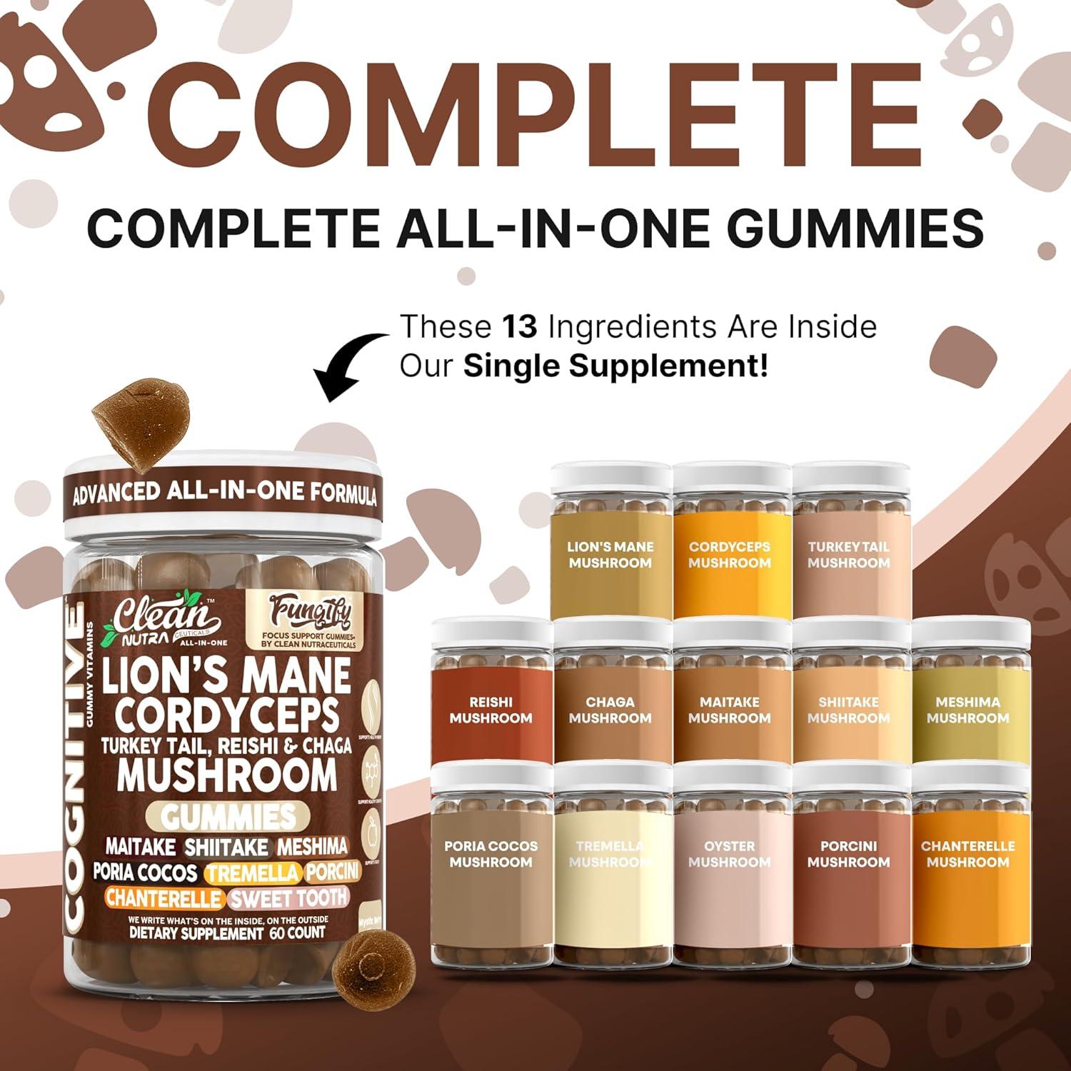 image:imageClean Nutra Lions Mane Mushroom Gummies Cordyceps Supplement for Memory and Focus Immune Support Vitamins Reishi Chaga Turkey Tail Mushrooms Gummy Shiitake Maitake Meshima Supplements