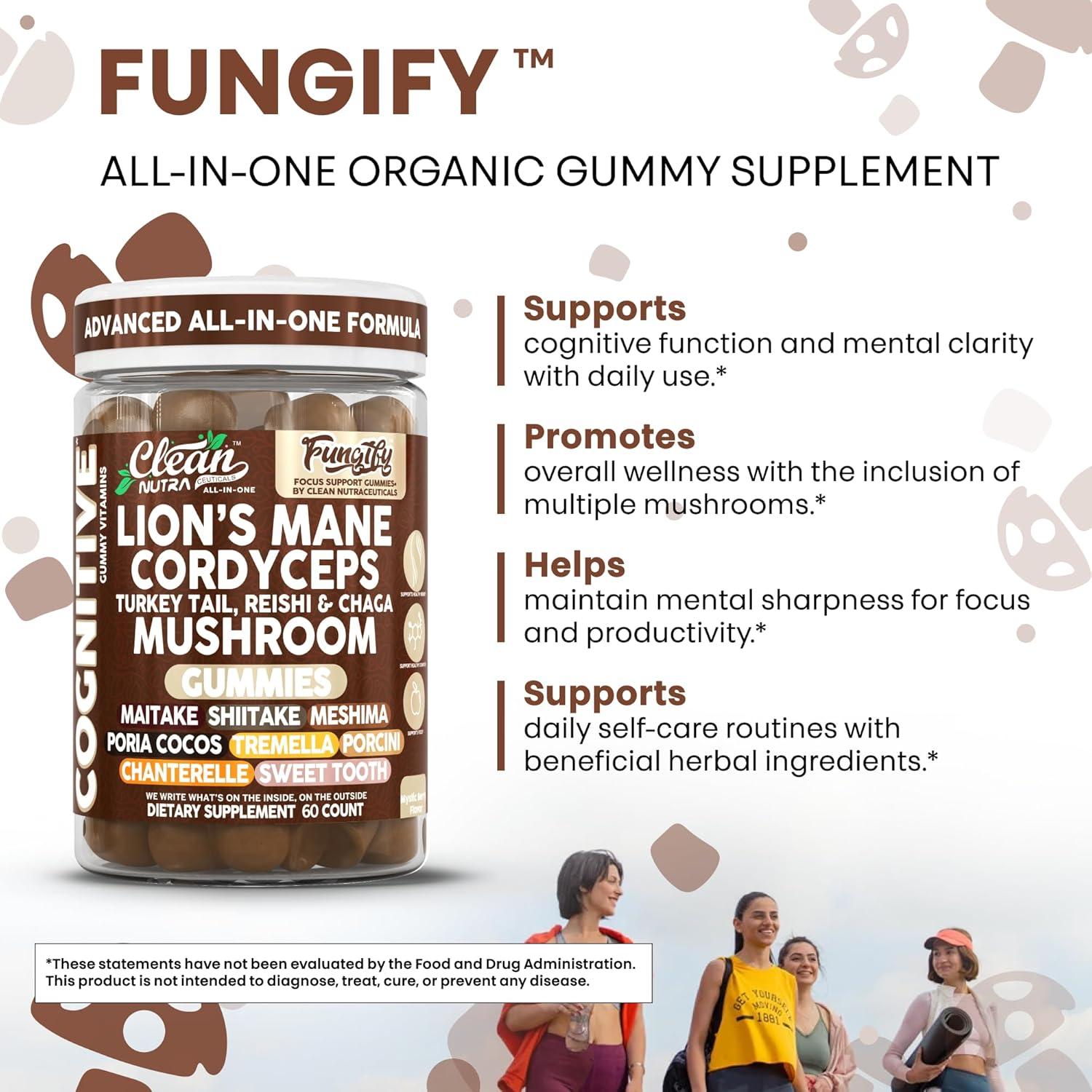 image:imageClean Nutra Lions Mane Mushroom Gummies Cordyceps Supplement for Memory and Focus Immune Support Vitamins Reishi Chaga Turkey Tail Mushrooms Gummy Shiitake Maitake Meshima Supplements