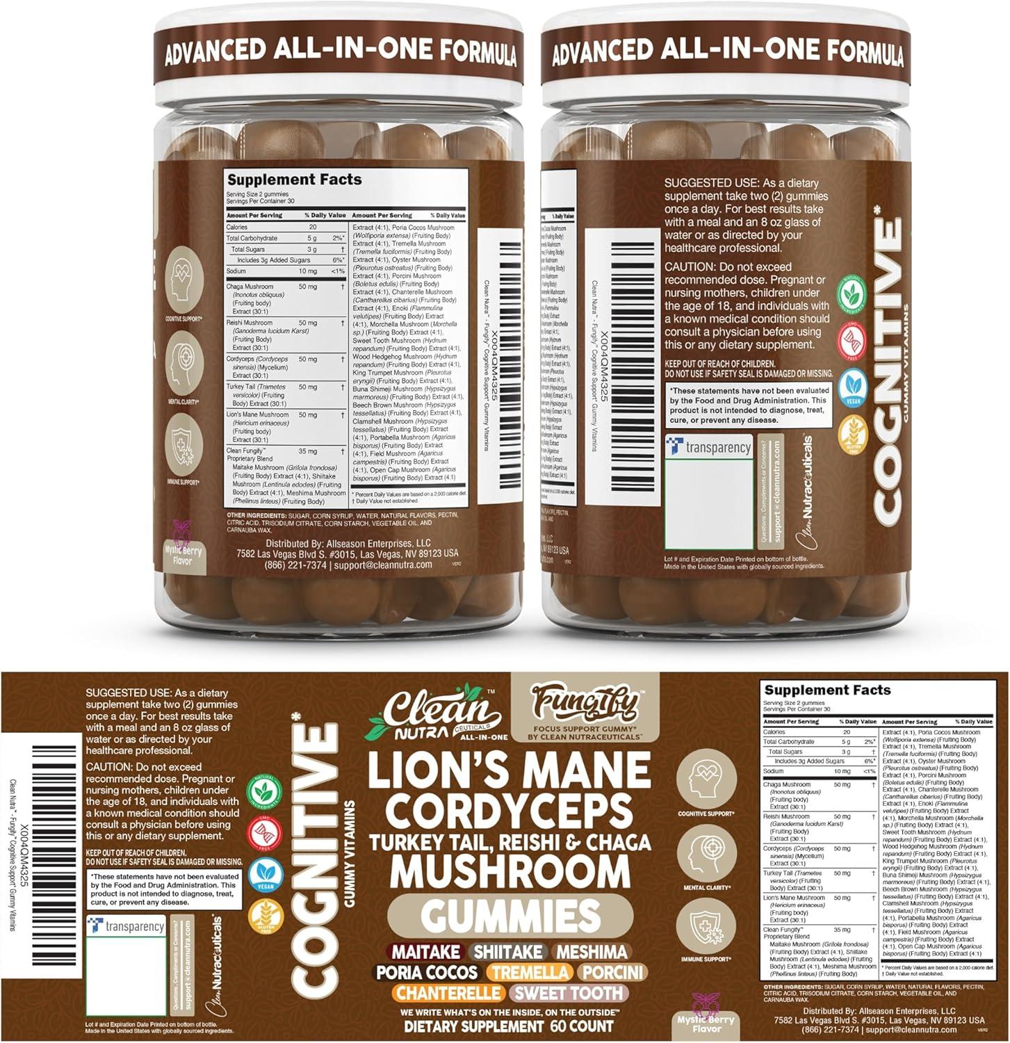 image:imageClean Nutra Lions Mane Mushroom Gummies Cordyceps Supplement for Memory and Focus Immune Support Vitamins Reishi Chaga Turkey Tail Mushrooms Gummy Shiitake Maitake Meshima Supplements