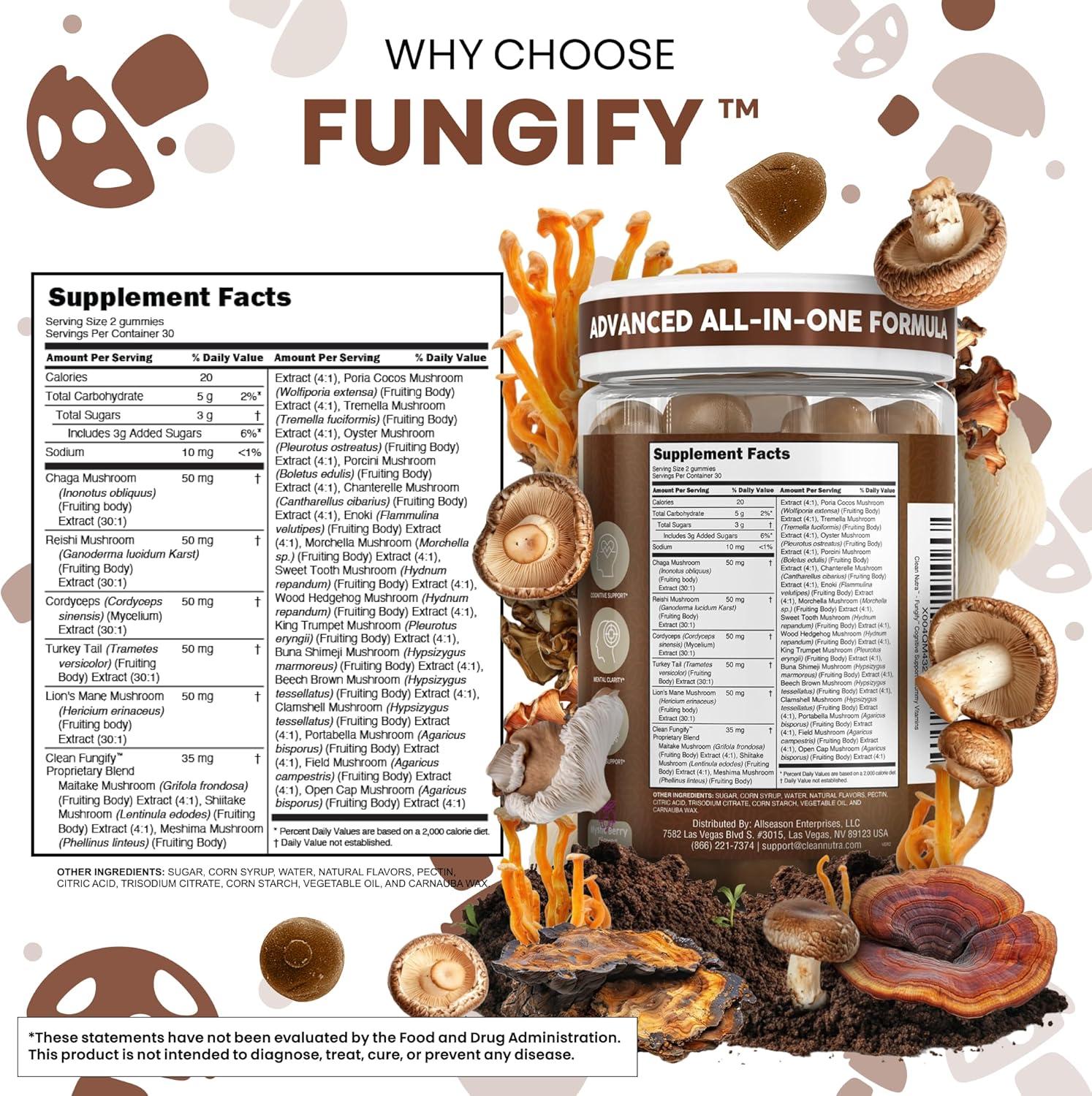 image:imageClean Nutra Lions Mane Mushroom Gummies Cordyceps Supplement for Memory and Focus Immune Support Vitamins Reishi Chaga Turkey Tail Mushrooms Gummy Shiitake Maitake Meshima Supplements