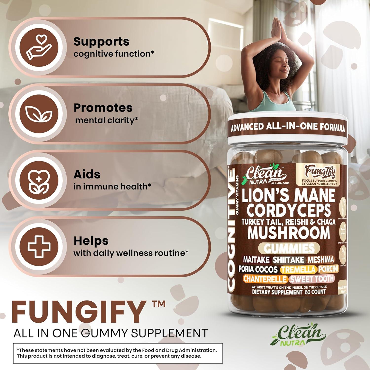 image:imageClean Nutra Lions Mane Mushroom Gummies Cordyceps Supplement for Memory and Focus Immune Support Vitamins Reishi Chaga Turkey Tail Mushrooms Gummy Shiitake Maitake Meshima Supplements