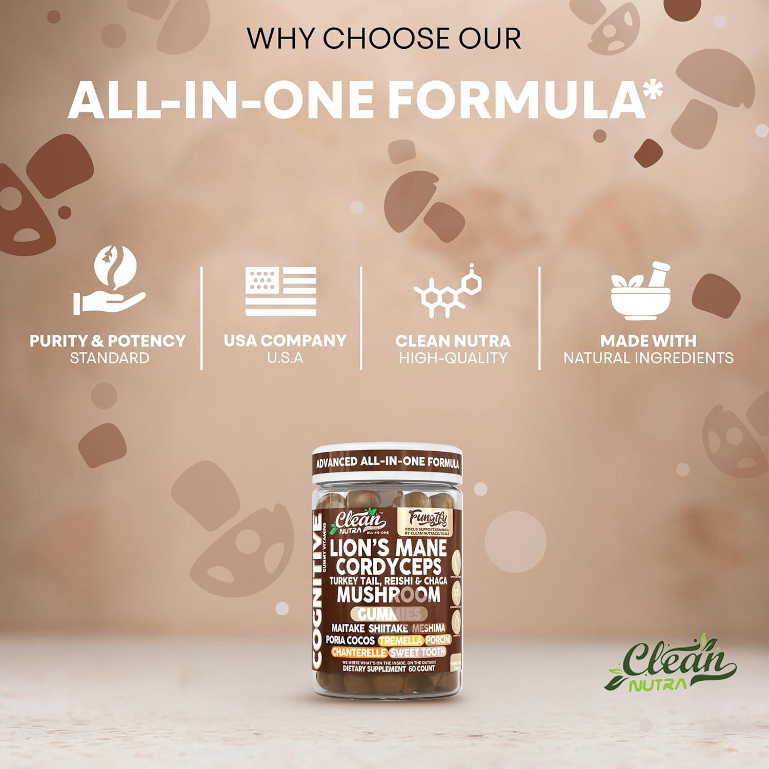 image:imageClean Nutra Lions Mane Mushroom Gummies Cordyceps Supplement for Memory and Focus Immune Support Vitamins Reishi Chaga Turkey Tail Mushrooms Gummy Shiitake Maitake Meshima Supplements