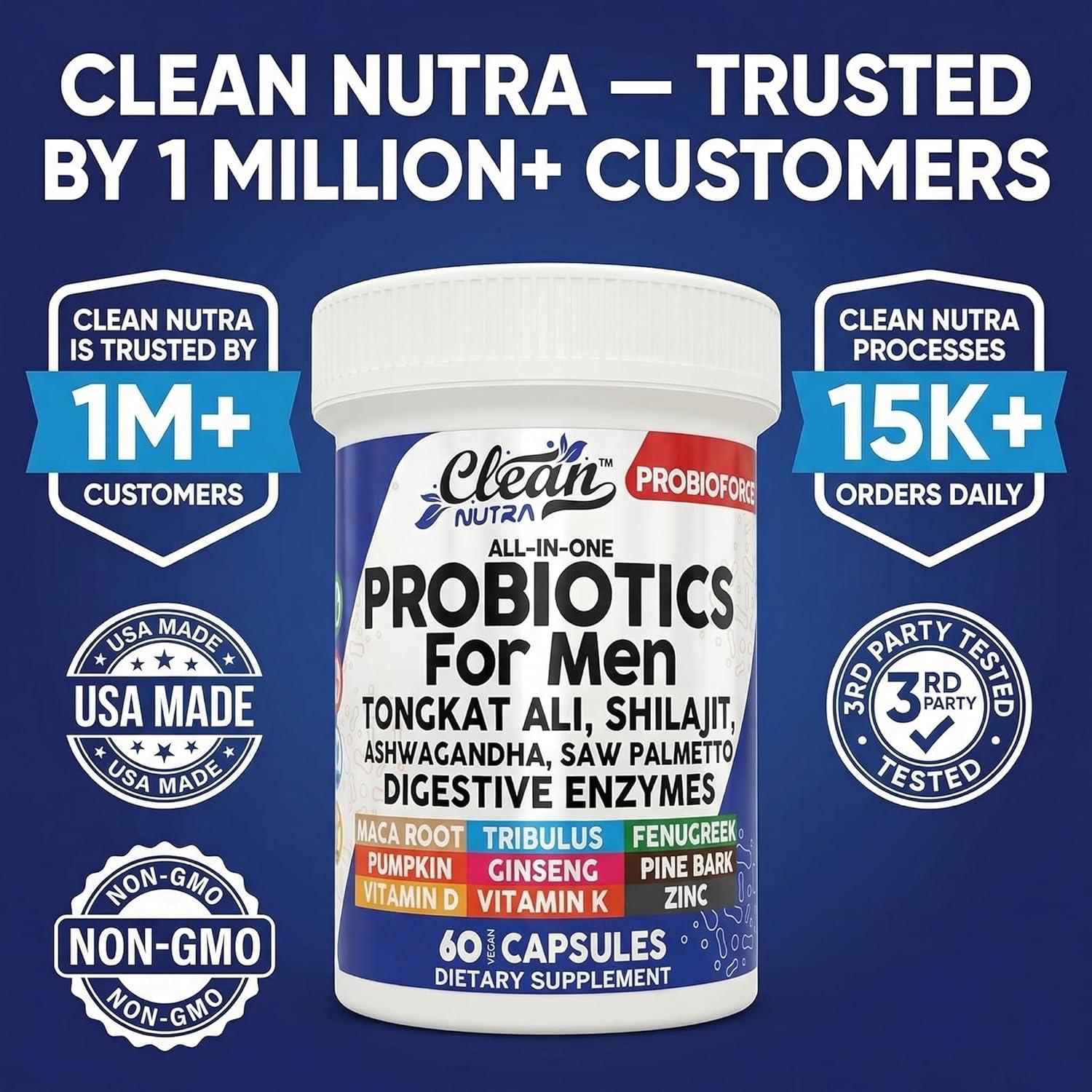 image:imageClean Nutra Probiotics for Men Tongkat Ali Saw Palmetto Tribulus Ginseng Ashwagandha Maca Pumpkin Gingko Biloba Pine Bark Fenugreek Shilajit Zinc Mens Probiotic 60 Capsules1