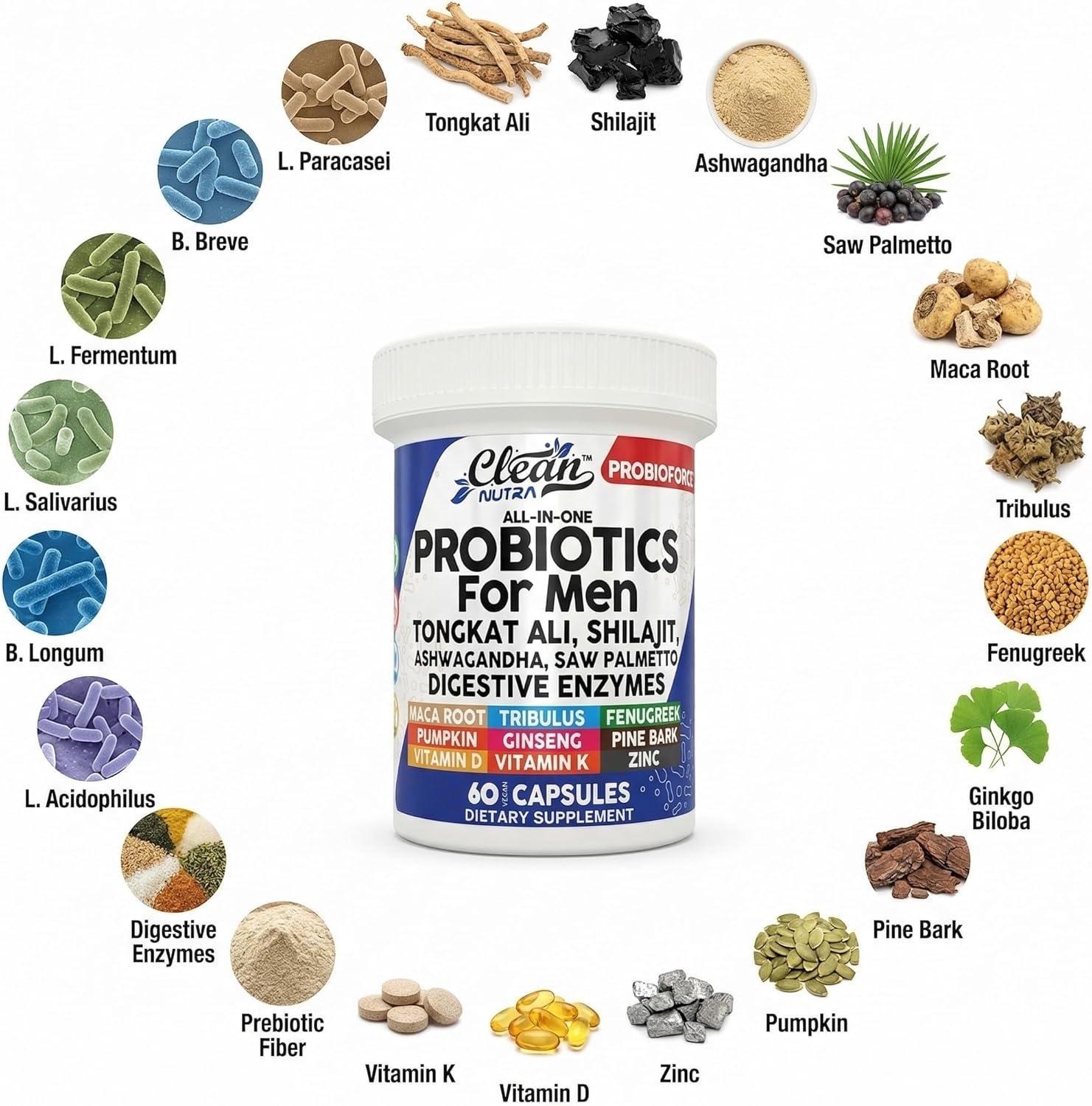 image:imageClean Nutra Probiotics for Men Tongkat Ali Saw Palmetto Tribulus Ginseng Ashwagandha Maca Pumpkin Gingko Biloba Pine Bark Fenugreek Shilajit Zinc Mens Probiotic 60 Capsules1