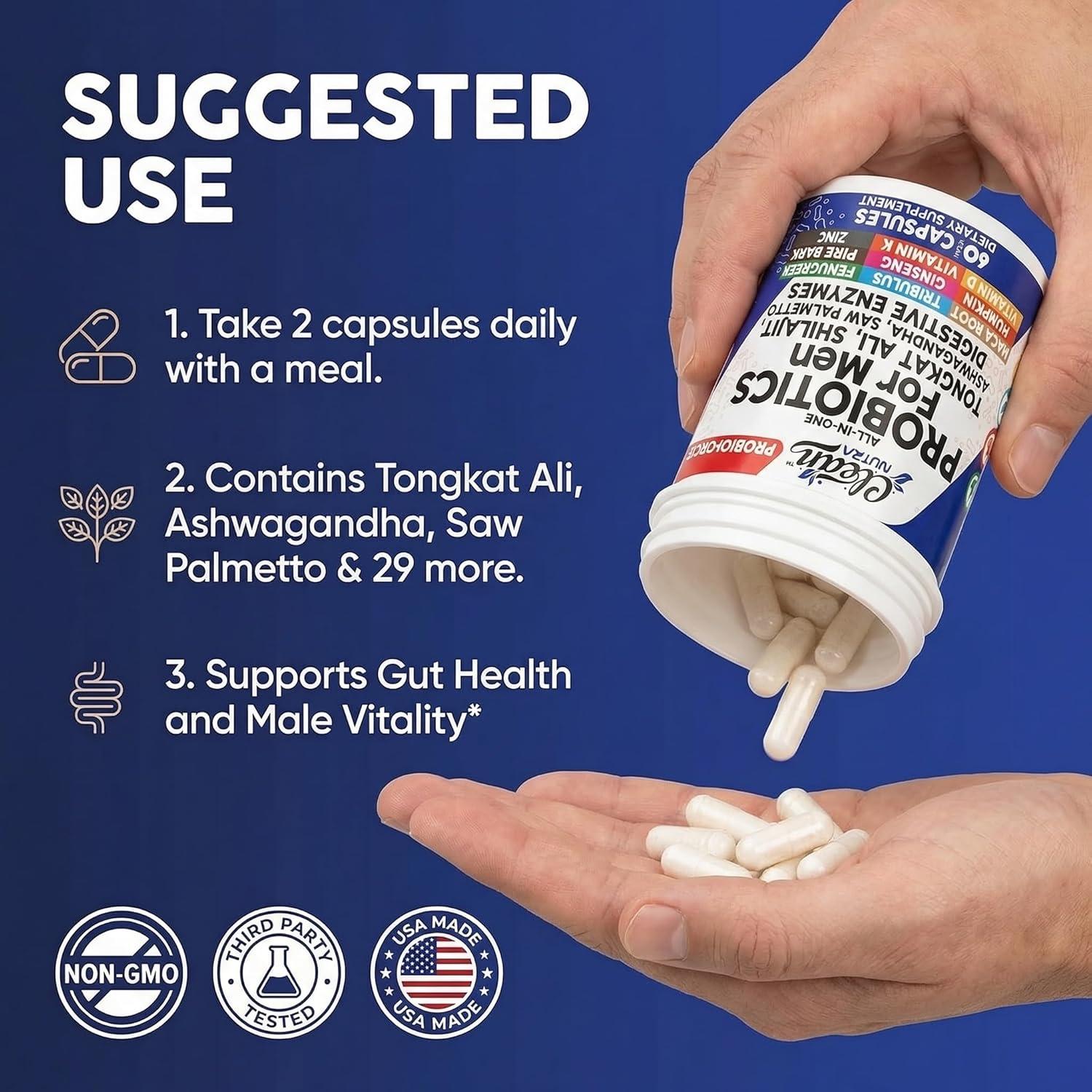 image:imageClean Nutra Probiotics for Men Tongkat Ali Saw Palmetto Tribulus Ginseng Ashwagandha Maca Pumpkin Gingko Biloba Pine Bark Fenugreek Shilajit Zinc Mens Probiotic 60 Capsules1