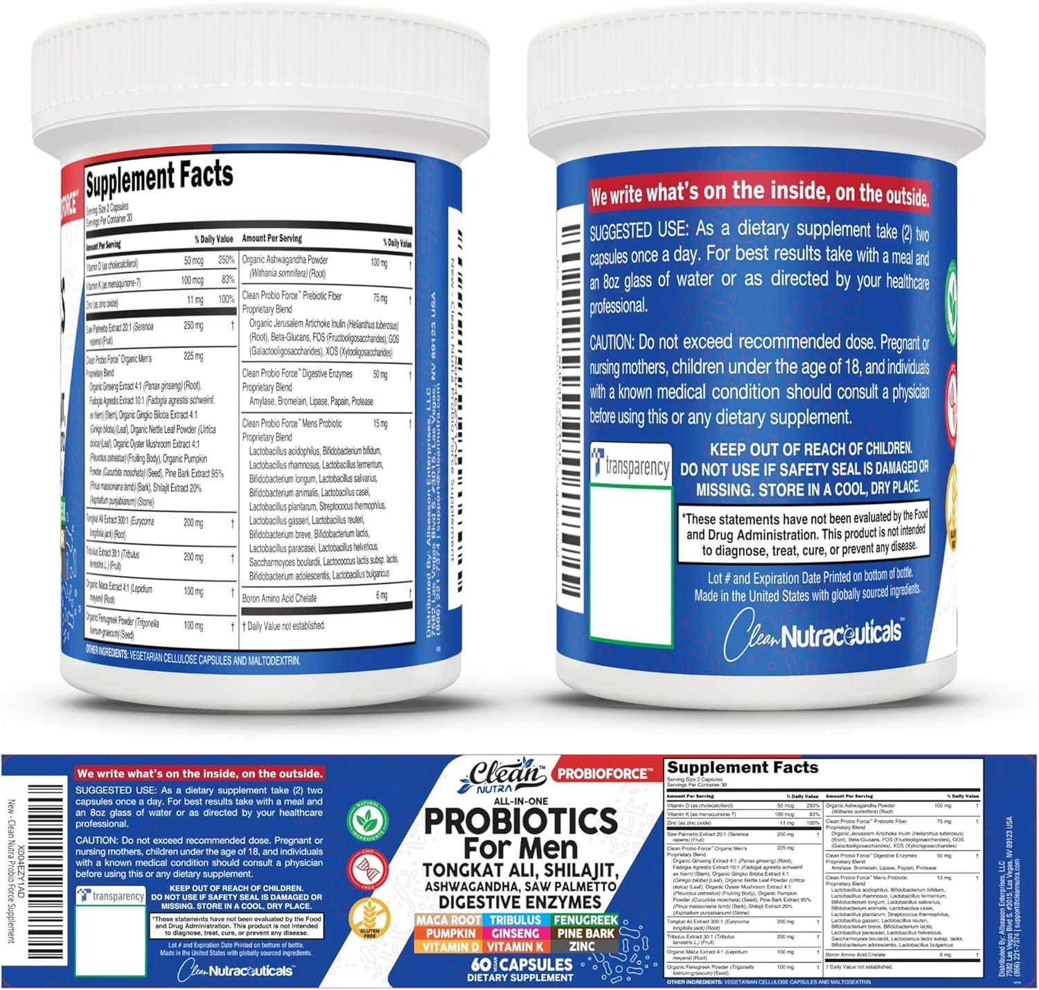 image:imageClean Nutra Probiotics for Men Tongkat Ali Saw Palmetto Tribulus Ginseng Ashwagandha Maca Pumpkin Gingko Biloba Pine Bark Fenugreek Shilajit Zinc Mens Probiotic 60 Capsules1