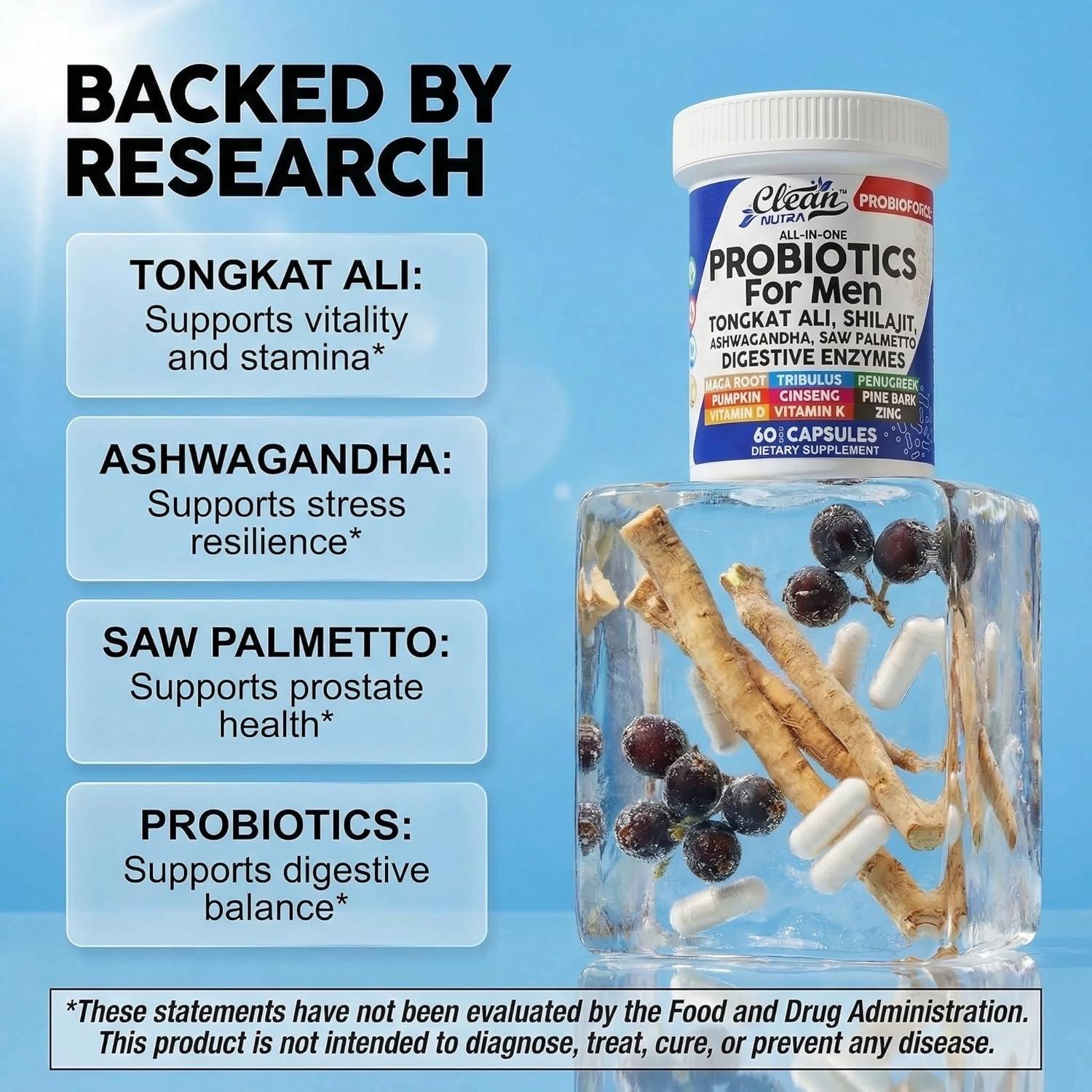 image:imageClean Nutra Probiotics for Men Tongkat Ali Saw Palmetto Tribulus Ginseng Ashwagandha Maca Pumpkin Gingko Biloba Pine Bark Fenugreek Shilajit Zinc Mens Probiotic 60 Capsules1