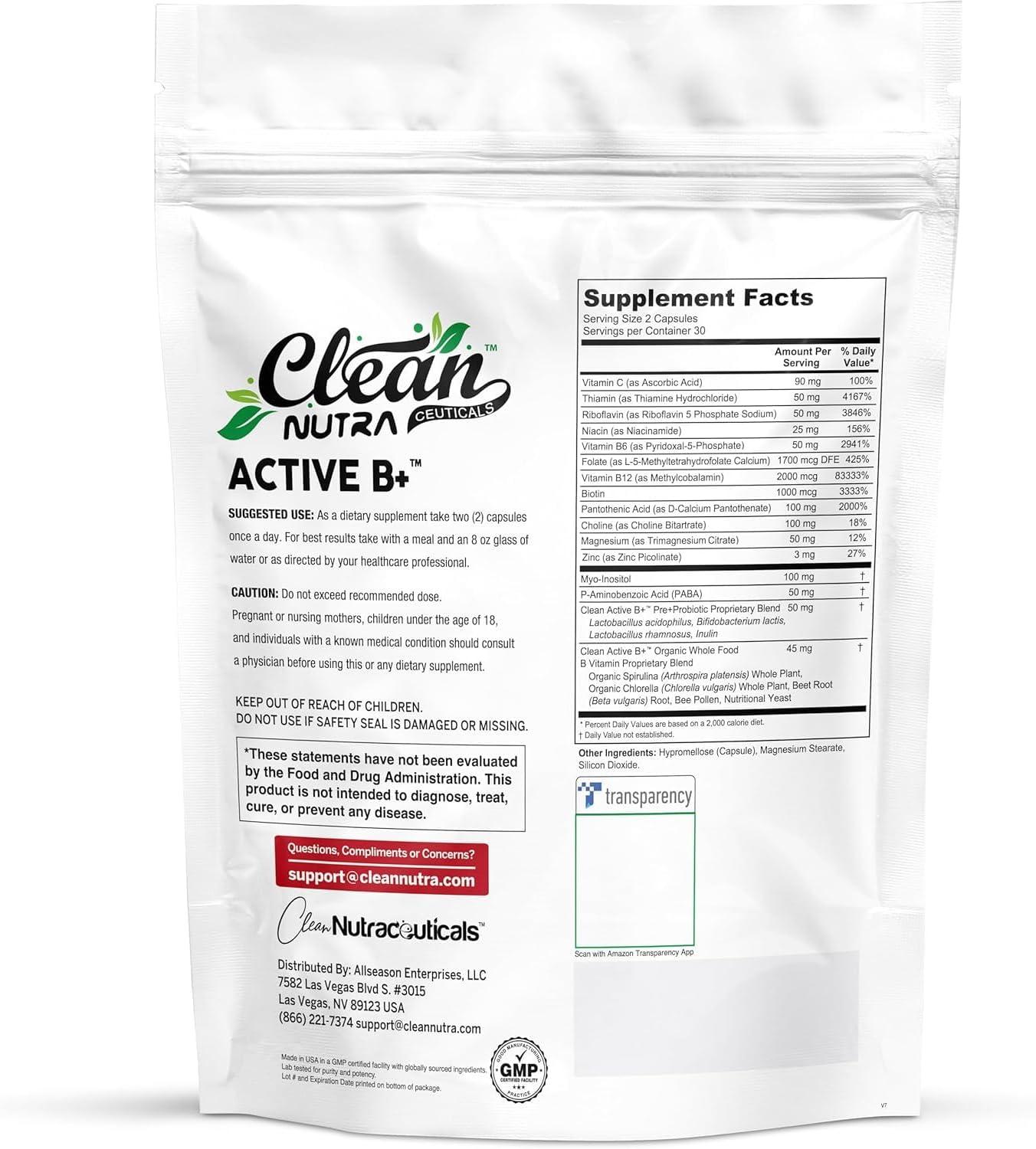 image:imageClean Nutra Womens Methylated B Complex with Magnesium Folate Vitamins B1 B2 B3 B5 B6 B7 B9 B12 Vitamin C Biotin Zinc PABA Choline MyoInositol Organic Spirulina 60 Capsules Vegetarian 1