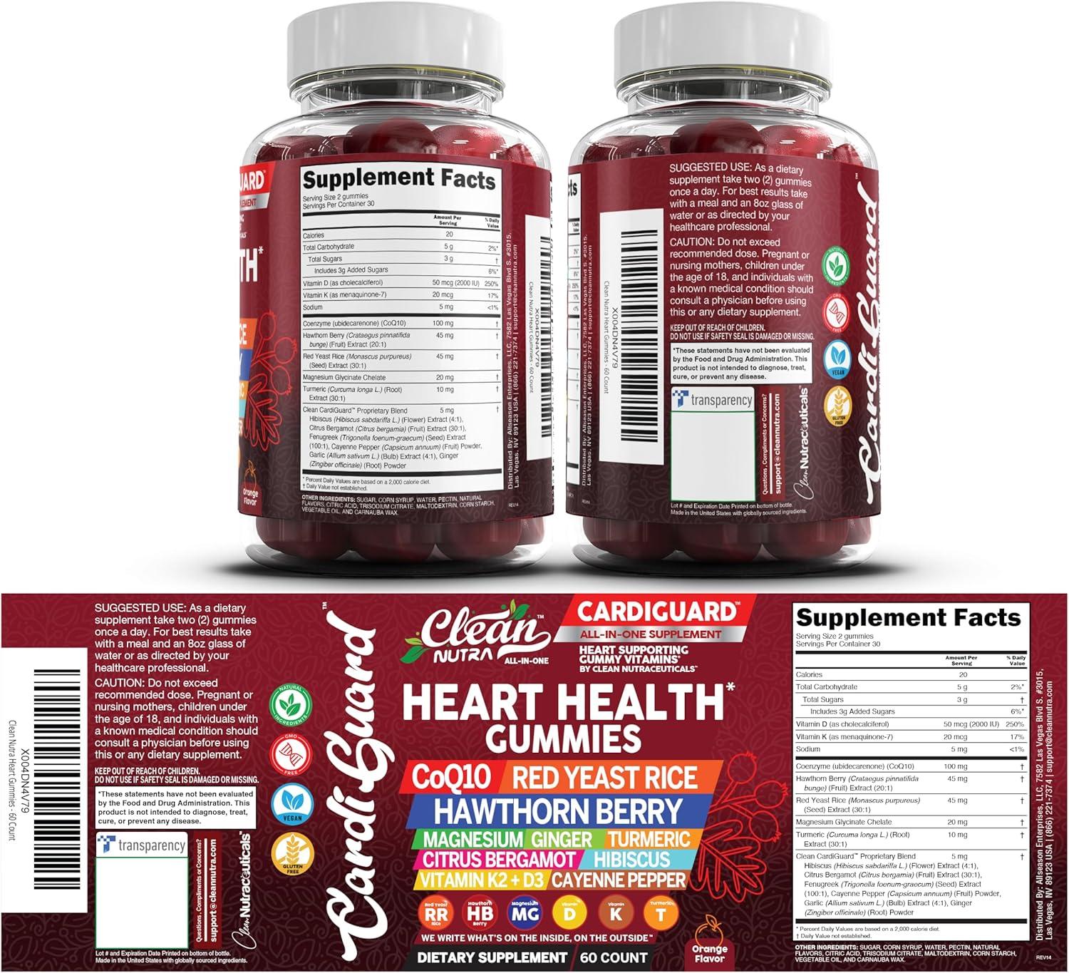 image:imageClean Nutraceuticals Coq10 Gummies Red Yeast Rice Hawthorn Berry Ginger Turmeric Citrus Bergamot Hibiscus Vitamin K2D3 Magnesium Glycinate Cayenne Pepper Fenugreek Orange Flavor CardiGuard1