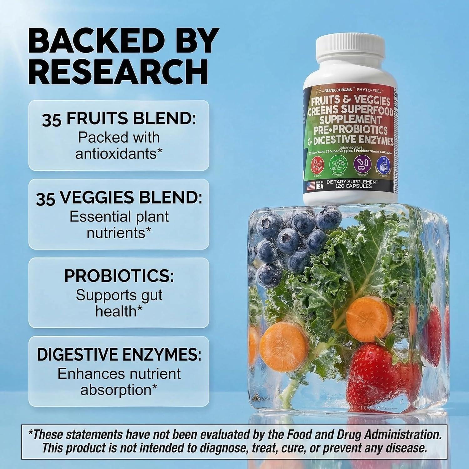 image:imageClean Nutraceuticals Fruits and Veggies Supplement Reds amp Green Superfood Balance of Over 70 Fruit amp Vegetable Supplements Capsules with Probiotics Prebiotics Digestive Enzymes 120 Ct USA1