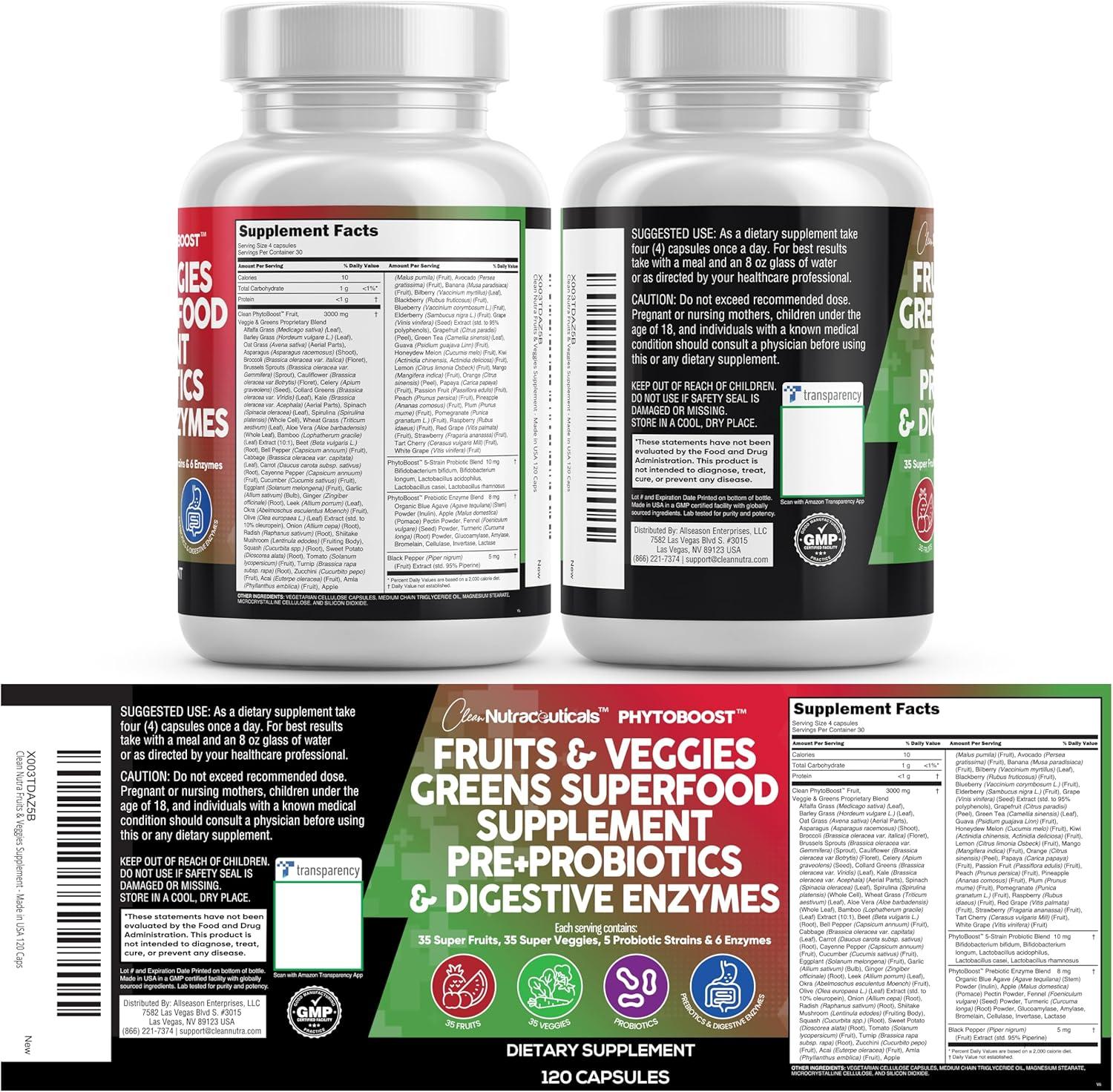 image:imageClean Nutraceuticals Fruits and Veggies Supplement Reds amp Green Superfood Balance of Over 70 Fruit amp Vegetable Supplements Capsules with Probiotics Prebiotics Digestive Enzymes 120 Ct USA1