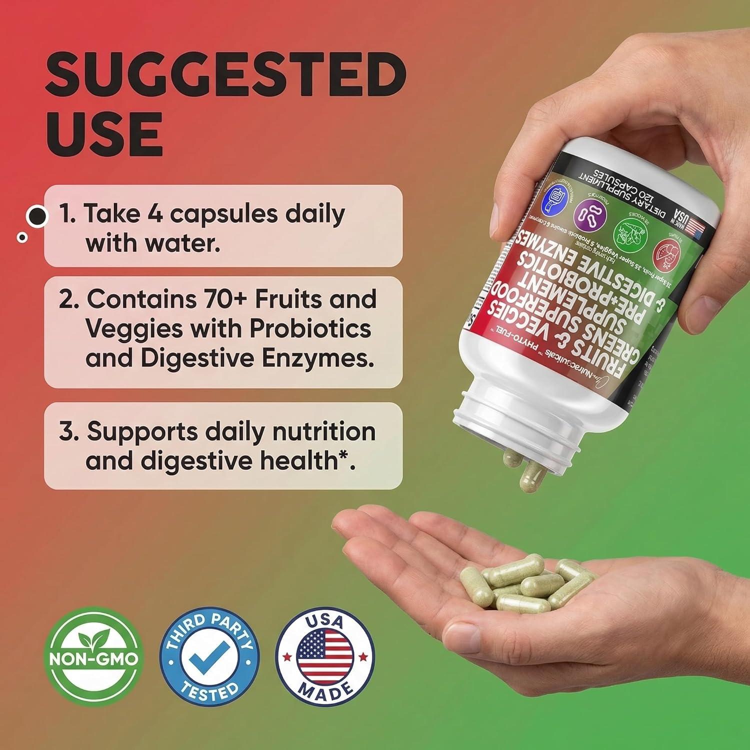 image:imageClean Nutraceuticals Fruits and Veggies Supplement Reds amp Green Superfood Balance of Over 70 Fruit amp Vegetable Supplements Capsules with Probiotics Prebiotics Digestive Enzymes 120 Ct USA1
