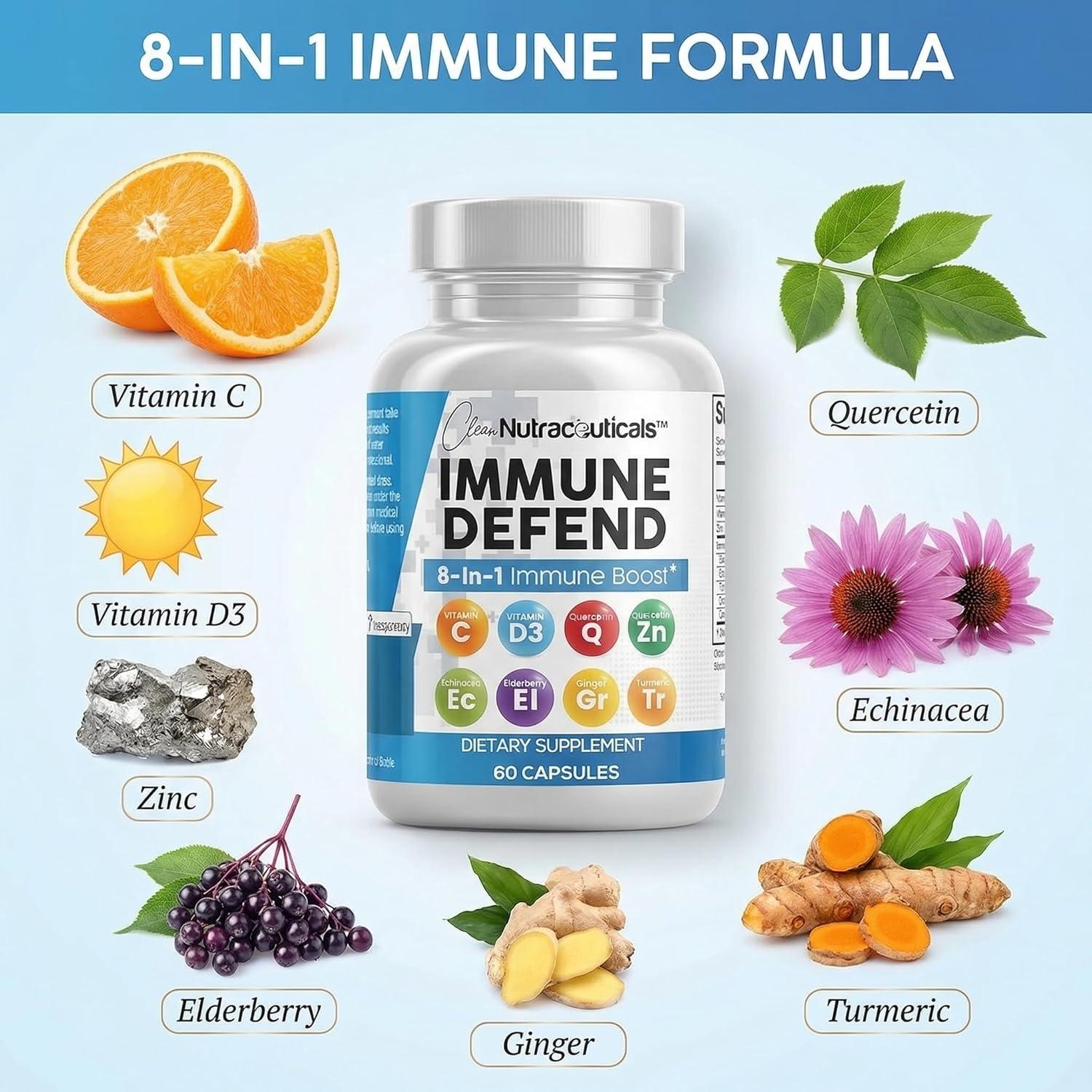 image:imageClean Nutraceuticals Immune Defense Support Supplement 8 in 1 with Zinc 50mg Quercetin VIT C 1000mg Vitamin D3 5000 IU Elderberry Ginger Immunity System Booster for Adults Vegan 60 Count1