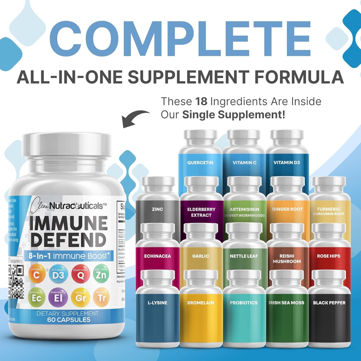 image:imageClean Nutraceuticals Immune Defense Support Supplement 8 in 1 with Zinc 50mg Quercetin VIT C 1000mg Vitamin D3 5000 IU Elderberry Ginger Immunity System Booster for Adults Vegan 60 Count2