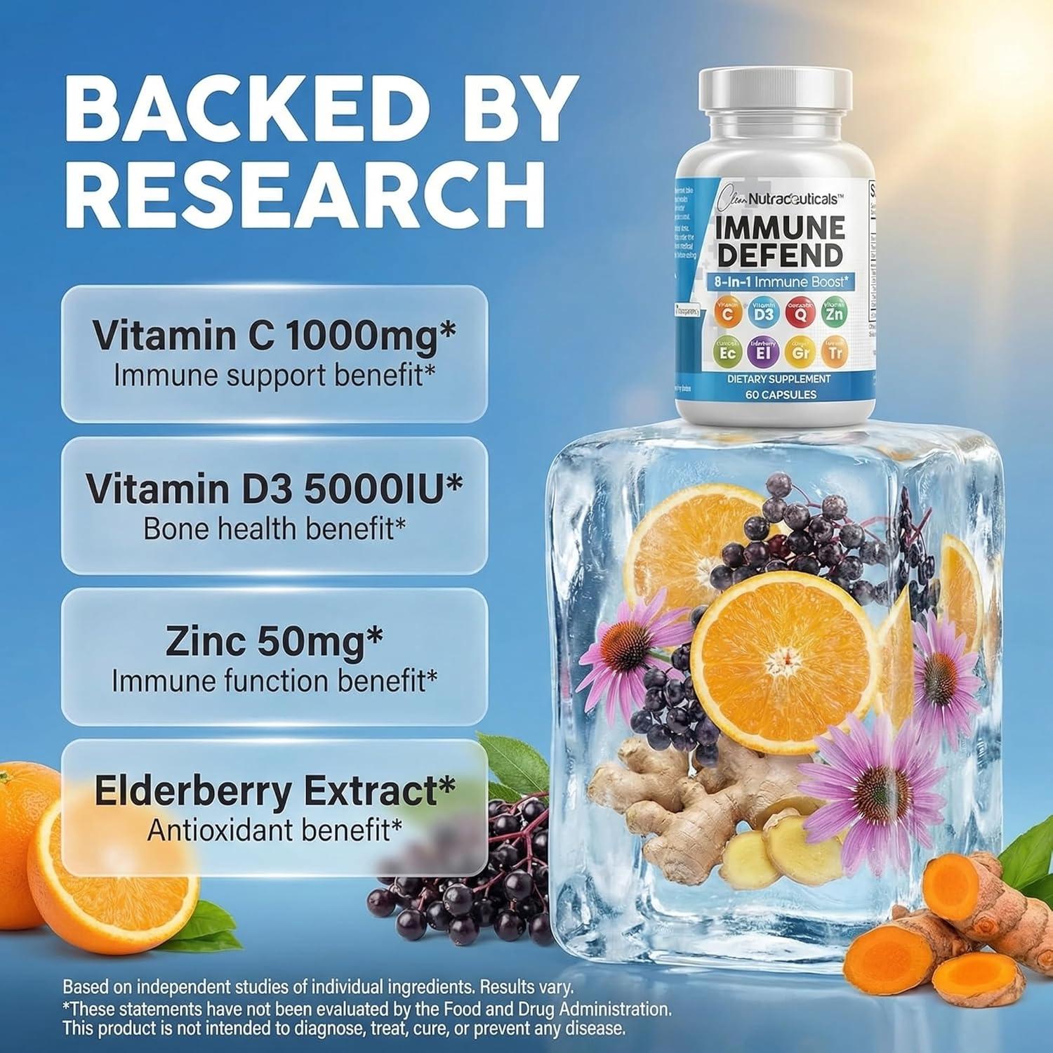image:imageClean Nutraceuticals Immune Defense Support Supplement 8 in 1 with Zinc 50mg Quercetin VIT C 1000mg Vitamin D3 5000 IU Elderberry Ginger Immunity System Booster for Adults Vegan 60 Count1