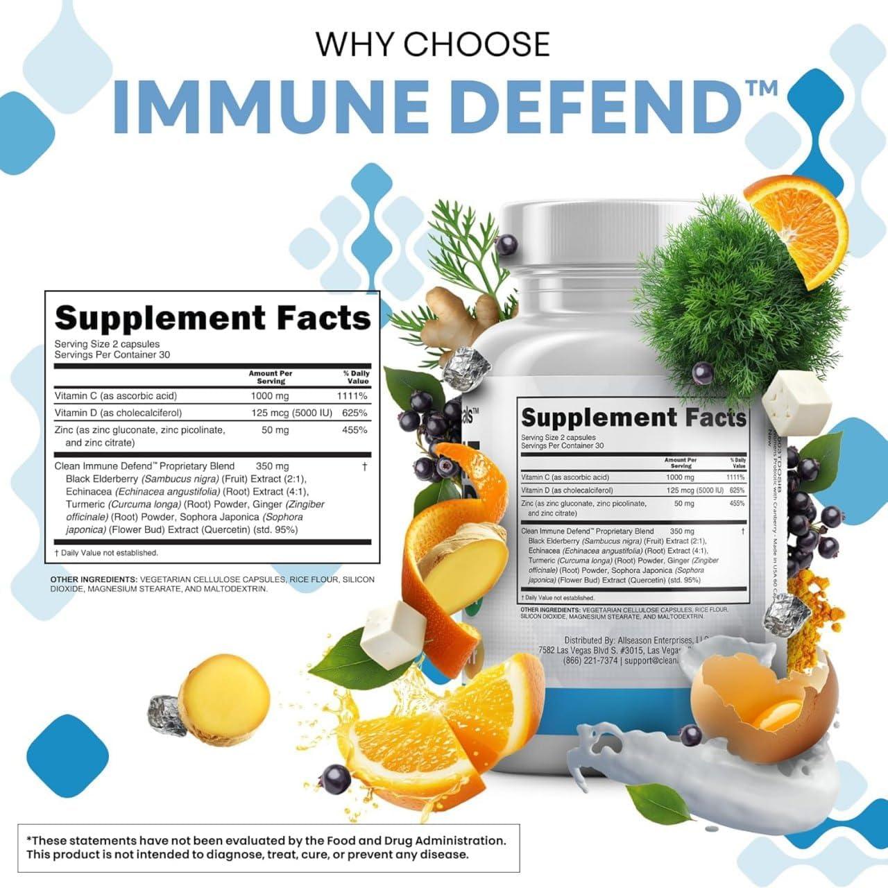 image:imageClean Nutraceuticals Immune Defense Support Supplement 8 in 1 with Zinc 50mg Quercetin VIT C 1000mg Vitamin D3 5000 IU Elderberry Ginger Immunity System Booster for Adults Vegan 60 Count1