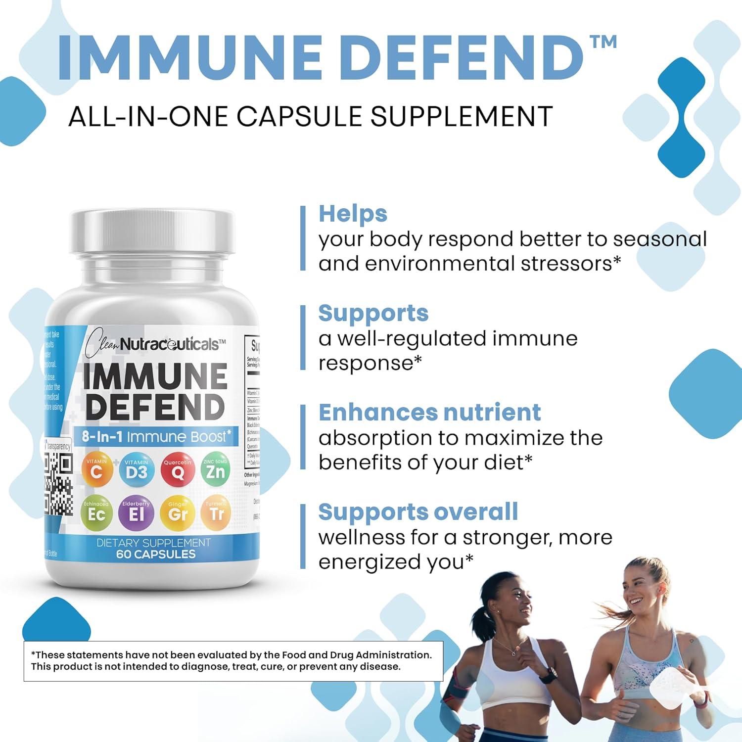 image:imageClean Nutraceuticals Immune Defense Support Supplement 8 in 1 with Zinc 50mg Quercetin VIT C 1000mg Vitamin D3 5000 IU Elderberry Ginger Immunity System Booster for Adults Vegan 60 Count2