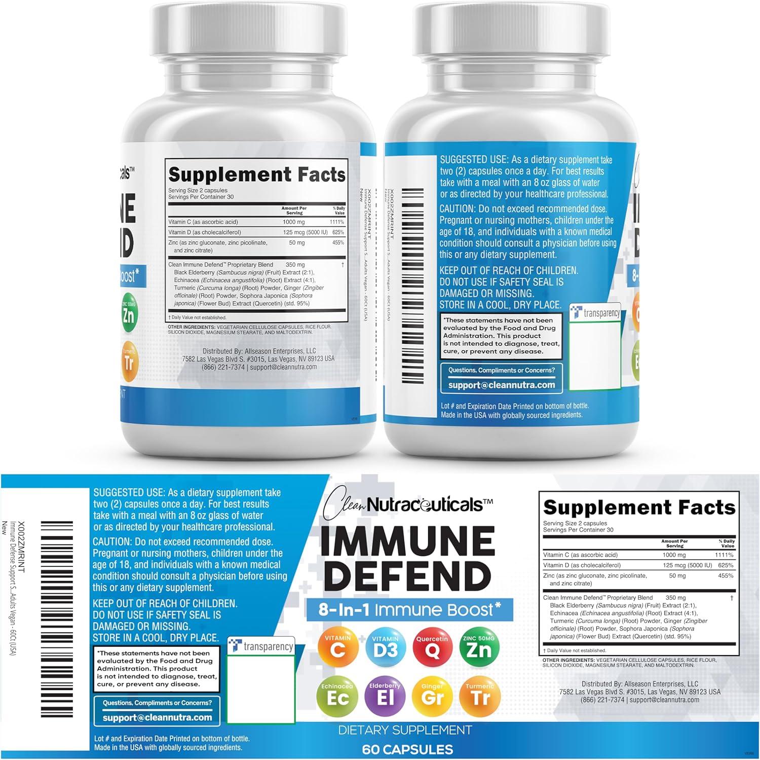 image:imageClean Nutraceuticals Immune Defense Support Supplement 8 in 1 with Zinc 50mg Quercetin VIT C 1000mg Vitamin D3 5000 IU Elderberry Ginger Immunity System Booster for Adults Vegan 60 Count1