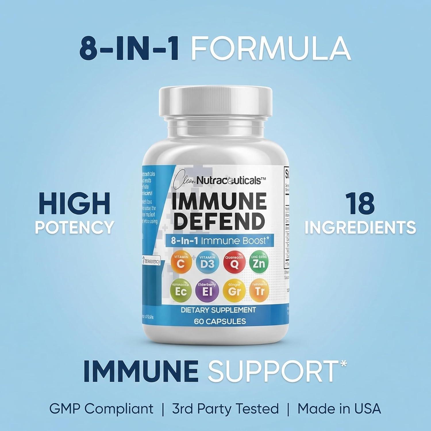 image:imageClean Nutraceuticals Immune Defense Support Supplement 8 in 1 with Zinc 50mg Quercetin VIT C 1000mg Vitamin D3 5000 IU Elderberry Ginger Immunity System Booster for Adults Vegan 60 Count1