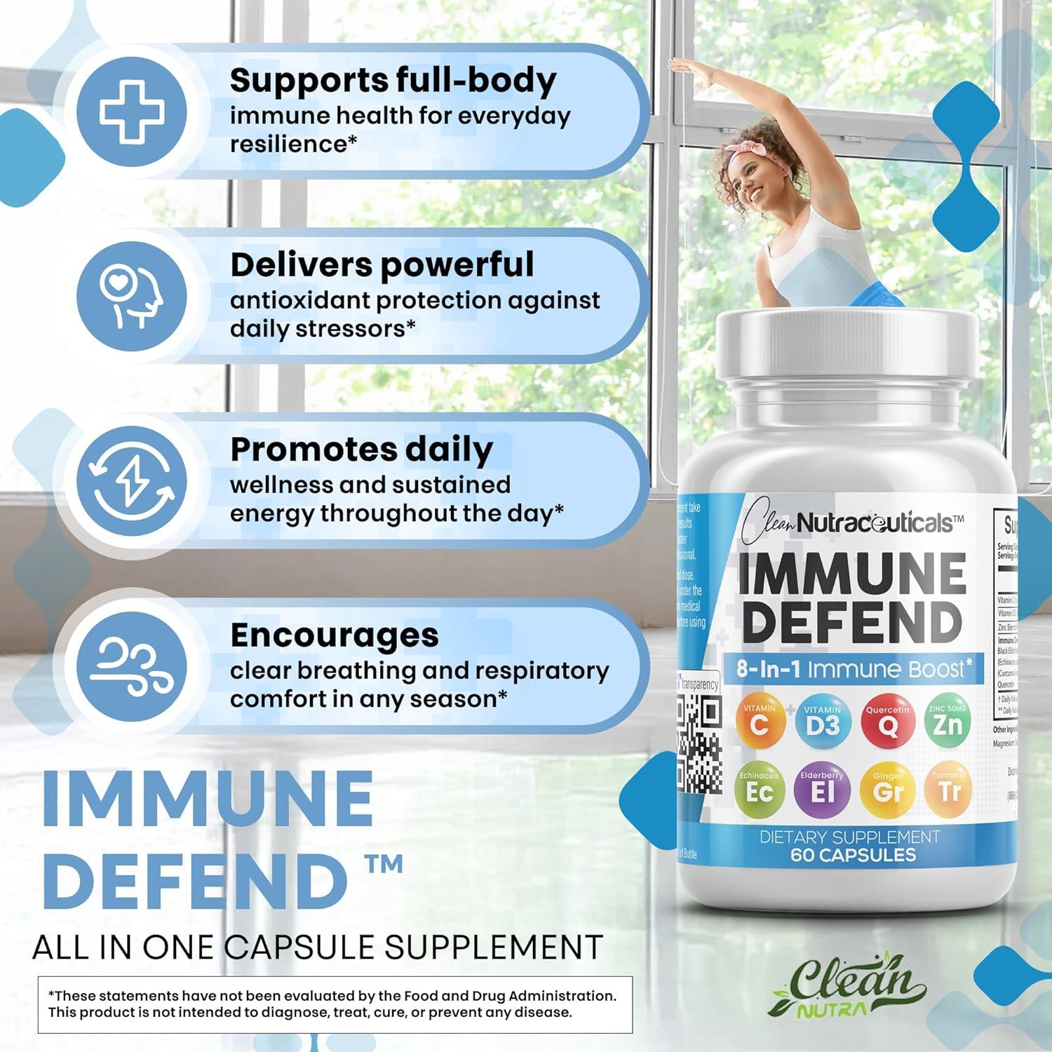 image:imageClean Nutraceuticals Immune Defense Support Supplement 8 in 1 with Zinc 50mg Quercetin VIT C 1000mg Vitamin D3 5000 IU Elderberry Ginger Immunity System Booster for Adults Vegan 60 Count2