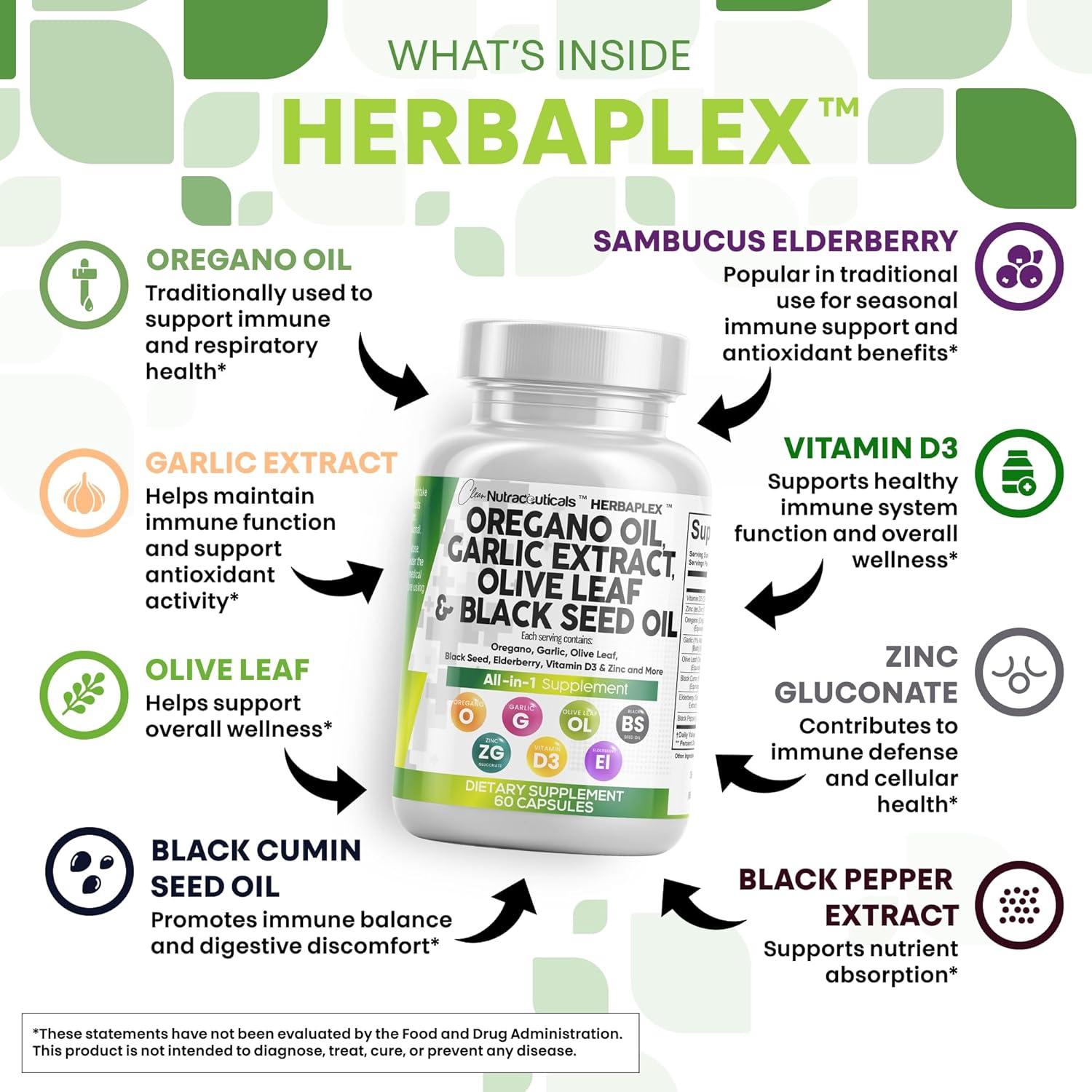 image:imageClean Nutraceuticals Oregano Oil Garlic Extract Olive Leaf Black Seed Oil Immune Support amp Digestive Health Supplement for Women and Men with Vitamin D3 amp Zinc 3Pack