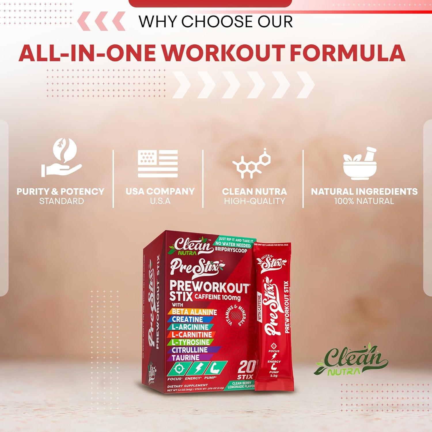 image:imageClean Nutraceuticals Pre Workout Powder Energy Sticks Caffeine 100mg Energy Drink Mix Creatine Monohydrate Beta Alanine LCitrulline LTyrosine LCarnitine Electrolyte Hydration Packets 20 Ct1