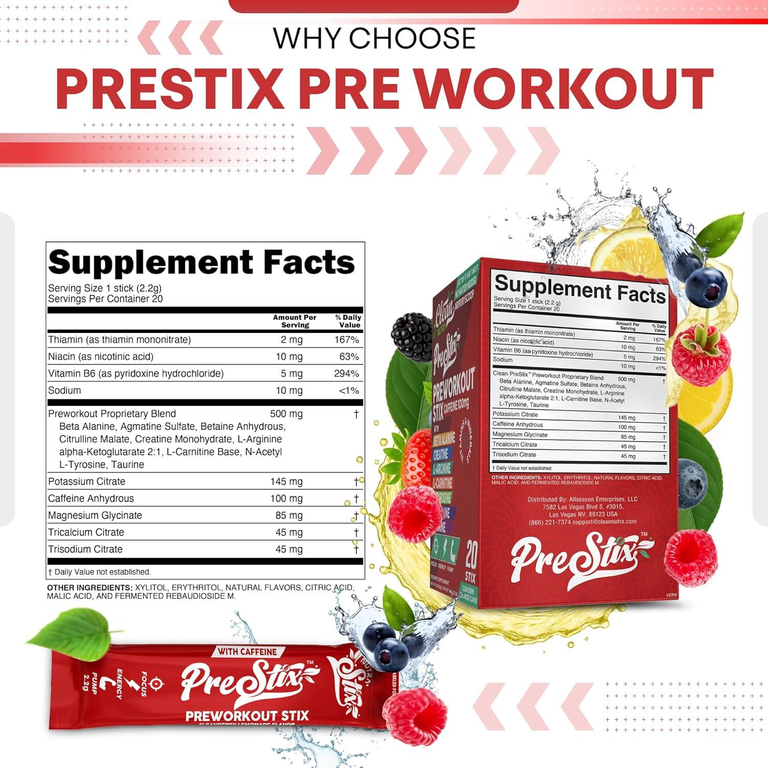 image:imageClean Nutraceuticals Pre Workout Powder Energy Sticks Caffeine 100mg Energy Drink Mix Creatine Monohydrate Beta Alanine LCitrulline LTyrosine LCarnitine Electrolyte Hydration Packets 20 Ct1
