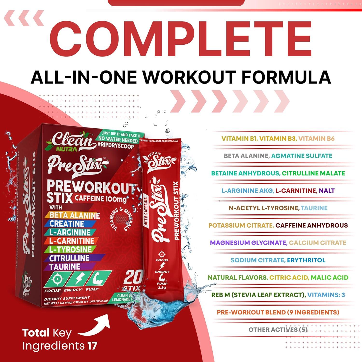 image:imageClean Nutraceuticals Pre Workout Powder Energy Sticks Caffeine 100mg Energy Drink Mix Creatine Monohydrate Beta Alanine LCitrulline LTyrosine LCarnitine Electrolyte Hydration Packets 20 Ct1