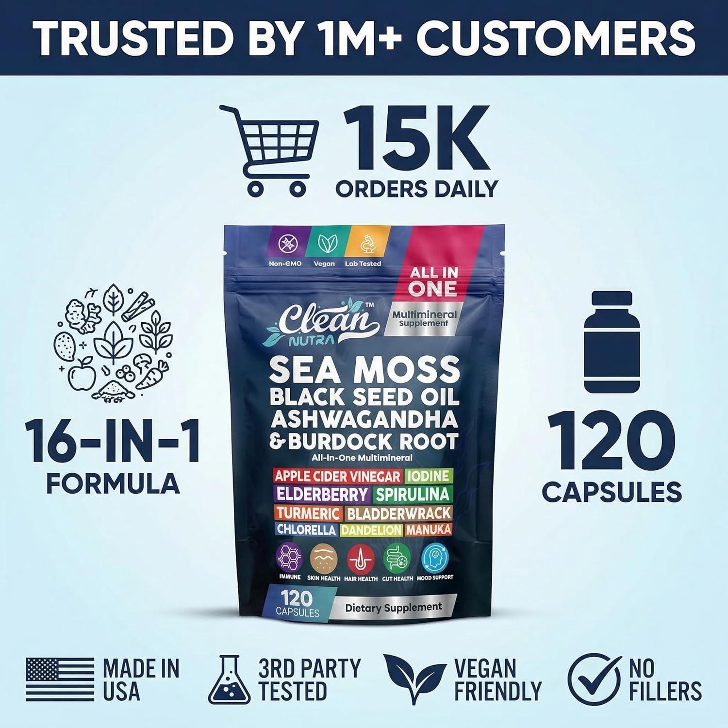 image:imageClean Nutraceuticals Sea Moss Black Seed Oil Ashwagandha Turmeric Bladderwrack Burdock amp Vitamin C Vitamin D3 with Elderberry Manuka Dandelion 120 Count Pack of 1120 Count Pack of 1