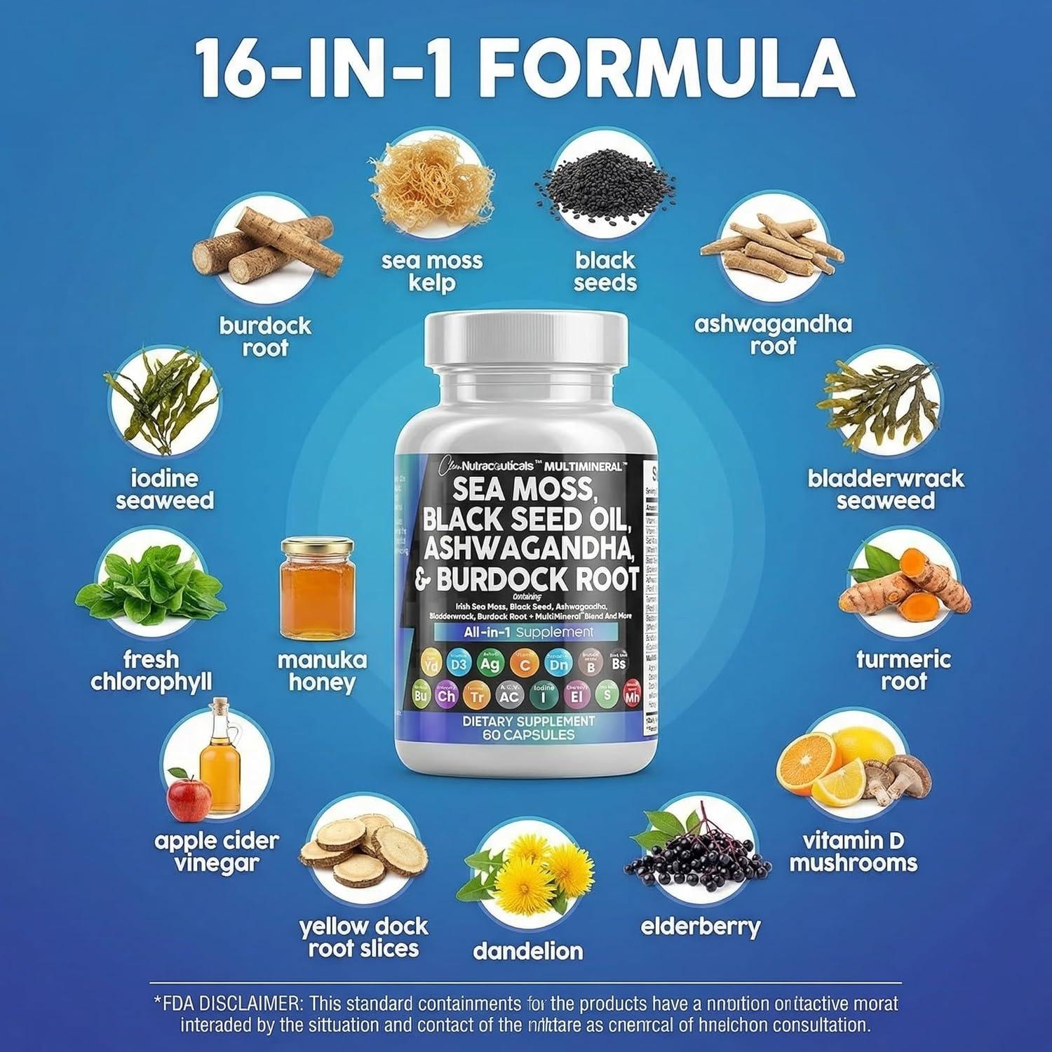 image:imageClean Nutraceuticals Sea Moss Black Seed Oil Ashwagandha Turmeric Bladderwrack Burdock amp Vitamin C Vitamin D3 with Elderberry Manuka Dandelion 120 Count Pack of 160 Count Pack of 1