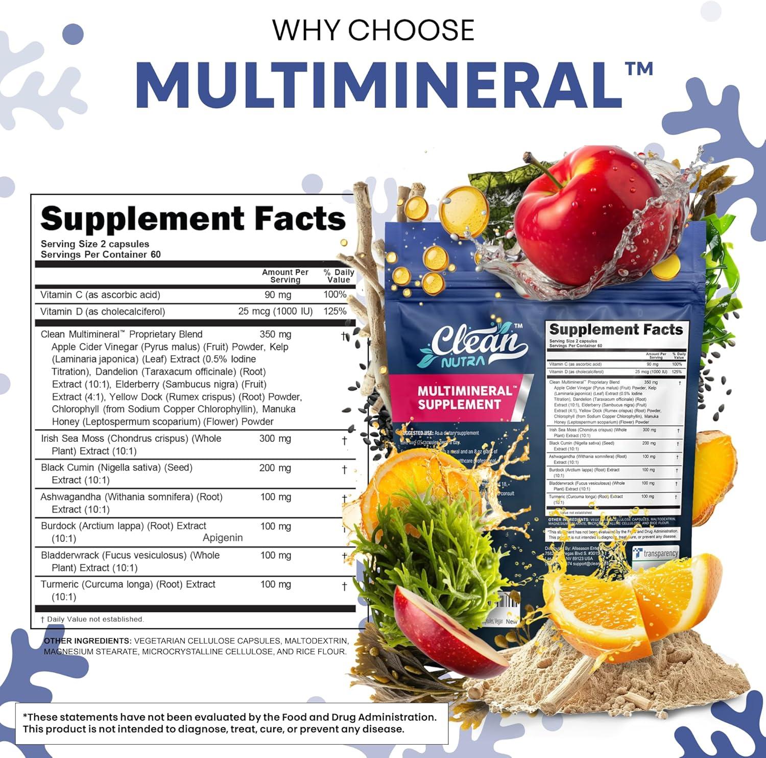 image:imageClean Nutraceuticals Sea Moss Black Seed Oil Ashwagandha Turmeric Bladderwrack Burdock amp Vitamin C Vitamin D3 with Elderberry Manuka Dandelion 120 Count Pack of 1120 Count Pack of 1