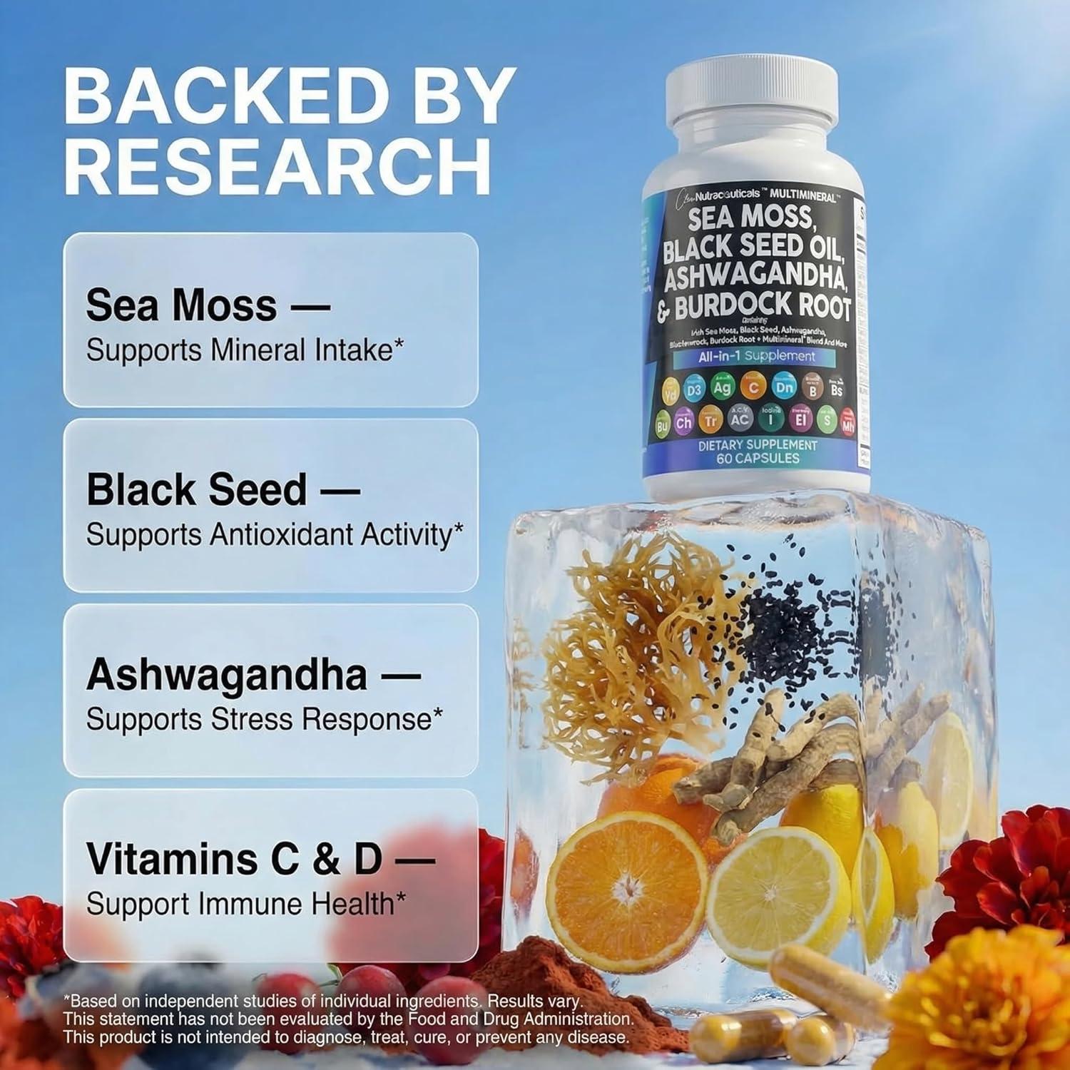 image:imageClean Nutraceuticals Sea Moss Black Seed Oil Ashwagandha Turmeric Bladderwrack Burdock amp Vitamin C Vitamin D3 with Elderberry Manuka Dandelion 120 Count Pack of 160 Count Pack of 1