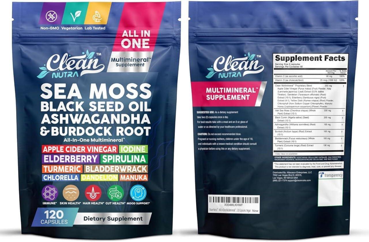 image:imageClean Nutraceuticals Sea Moss Black Seed Oil Ashwagandha Turmeric Bladderwrack Burdock amp Vitamin C Vitamin D3 with Elderberry Manuka Dandelion 120 Count Pack of 1120 Count Pack of 1