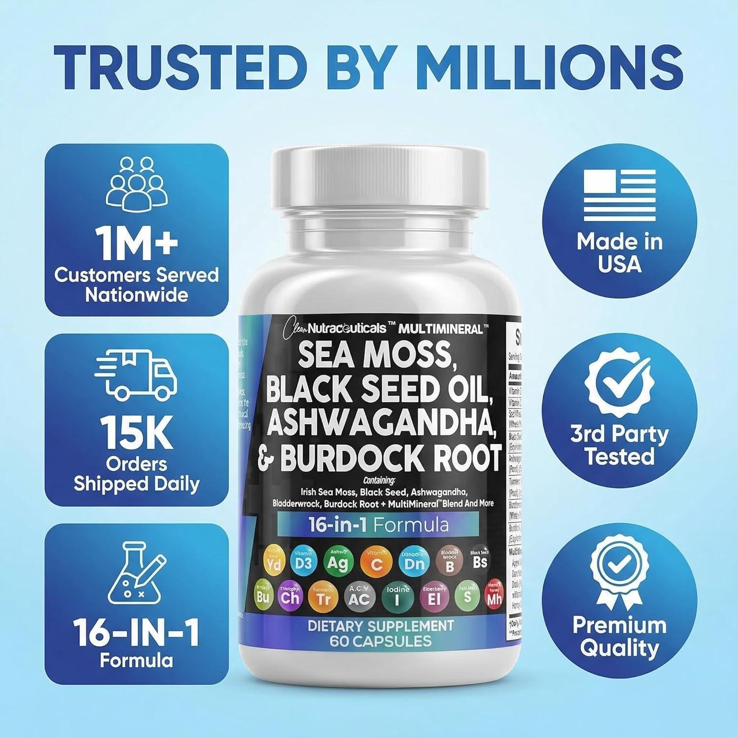 image:imageClean Nutraceuticals Sea Moss Black Seed Oil Ashwagandha Turmeric Bladderwrack Burdock amp Vitamin C Vitamin D3 with Elderberry Manuka Dandelion 120 Count Pack of 160 Count Pack of 1