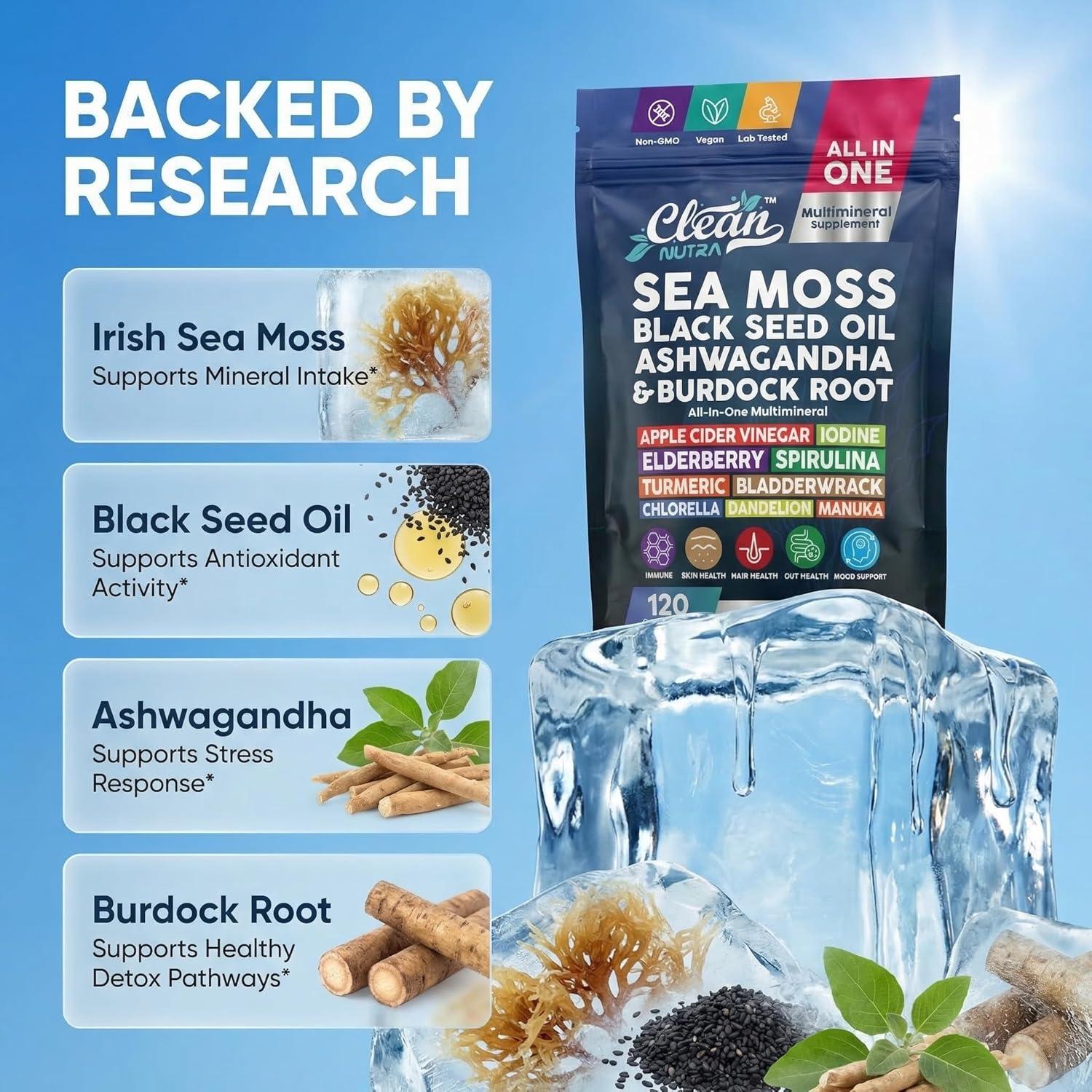 image:imageClean Nutraceuticals Sea Moss Black Seed Oil Ashwagandha Turmeric Bladderwrack Burdock amp Vitamin C Vitamin D3 with Elderberry Manuka Dandelion 120 Count Pack of 1120 Count Pack of 1