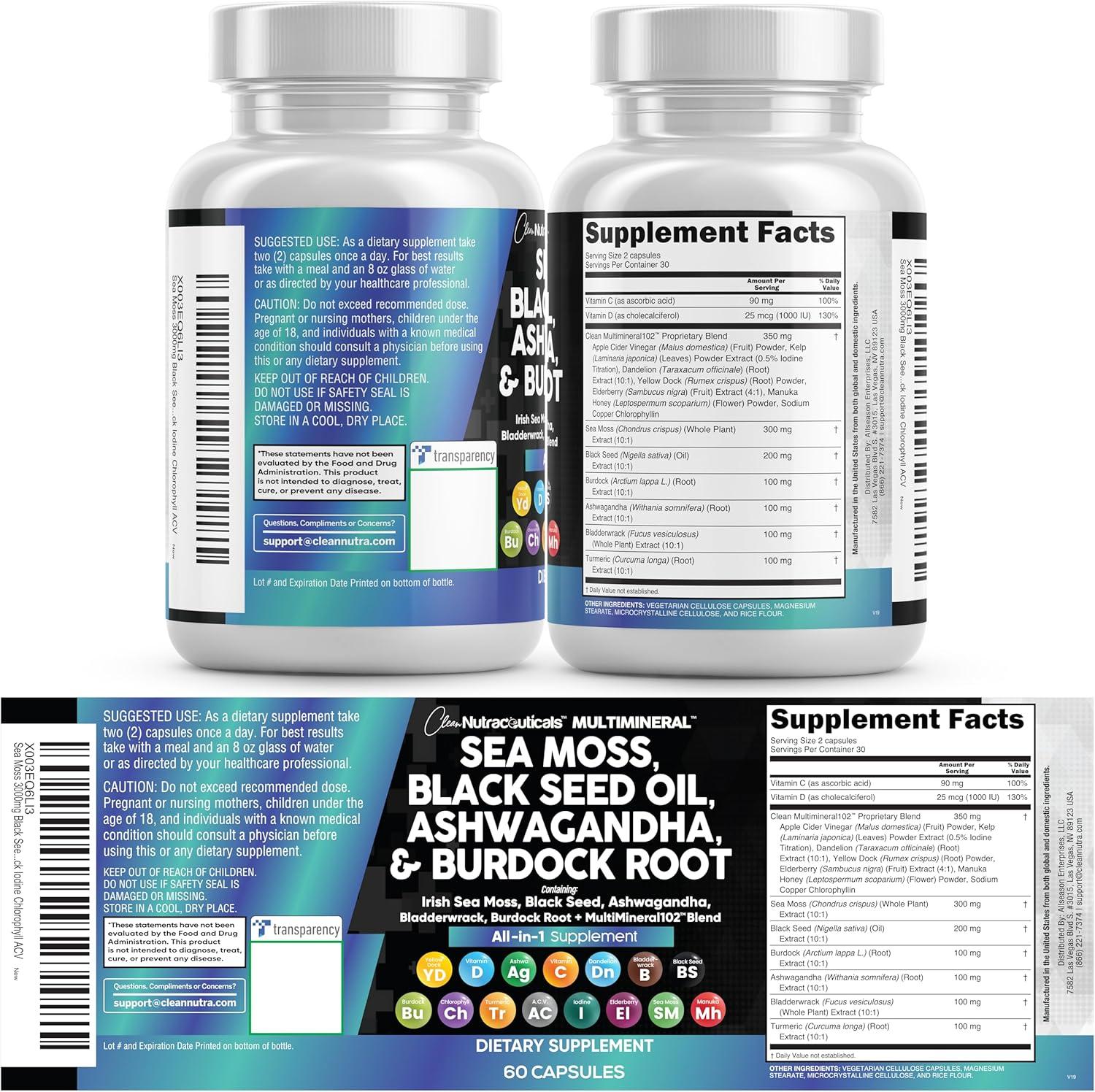 image:imageClean Nutraceuticals Sea Moss Black Seed Oil Ashwagandha Turmeric Bladderwrack Burdock amp Vitamin C Vitamin D3 with Elderberry Manuka Dandelion 120 Count Pack of 160 Count Pack of 1