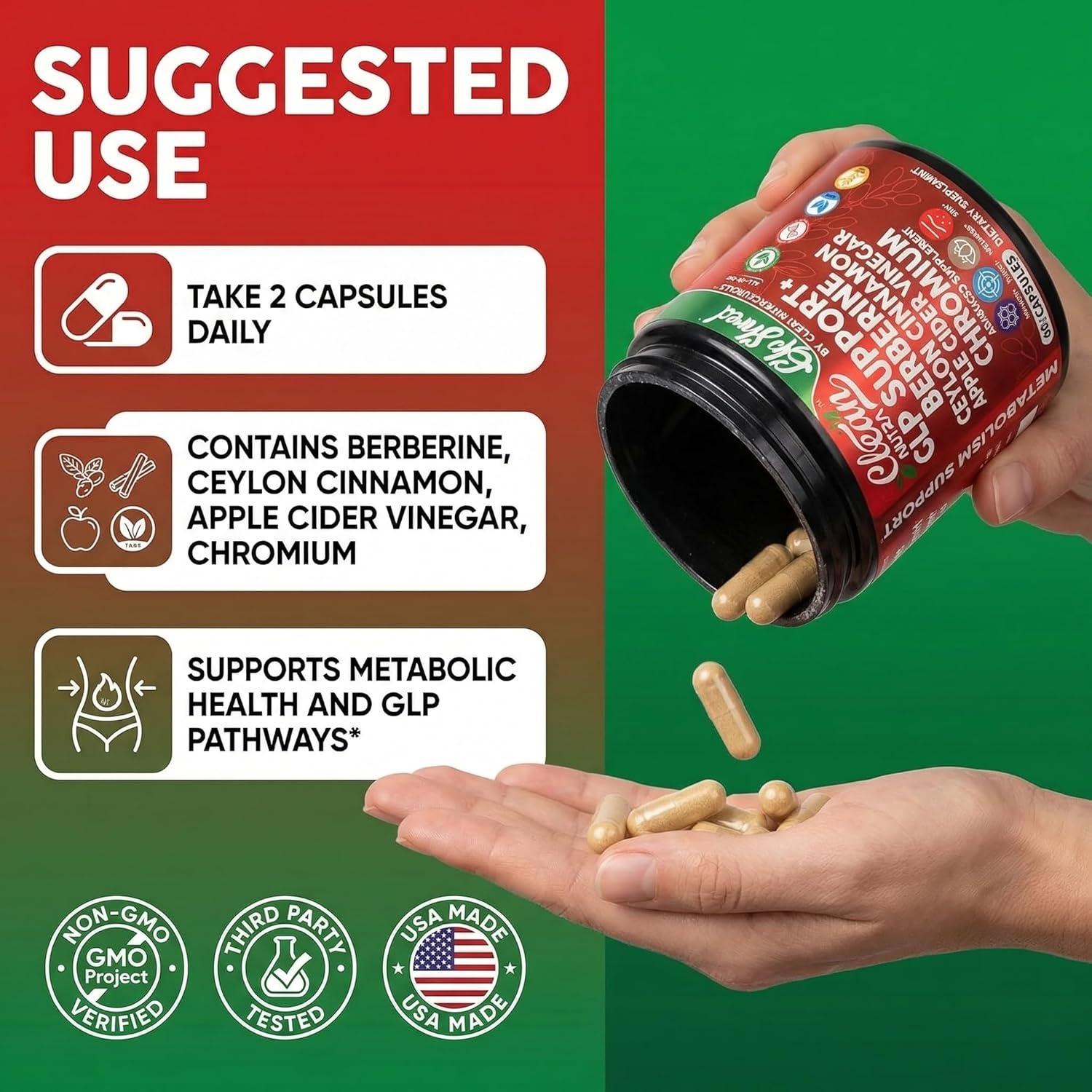 image:imageGLP1 Supplement Berberine Ceylon Cinnamon Apple Cider Vinegar Chromium Turmeric Gut Health Digestive Balance 60 Vegan Capsules by Clean Nutra