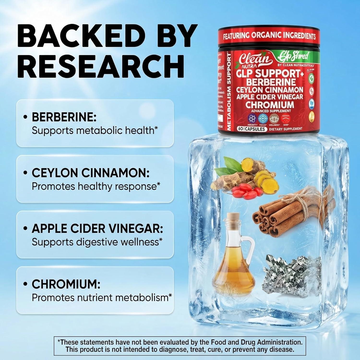 image:imageGLP1 Supplement Berberine Ceylon Cinnamon Apple Cider Vinegar Chromium Turmeric Gut Health Digestive Balance 60 Vegan Capsules by Clean Nutra